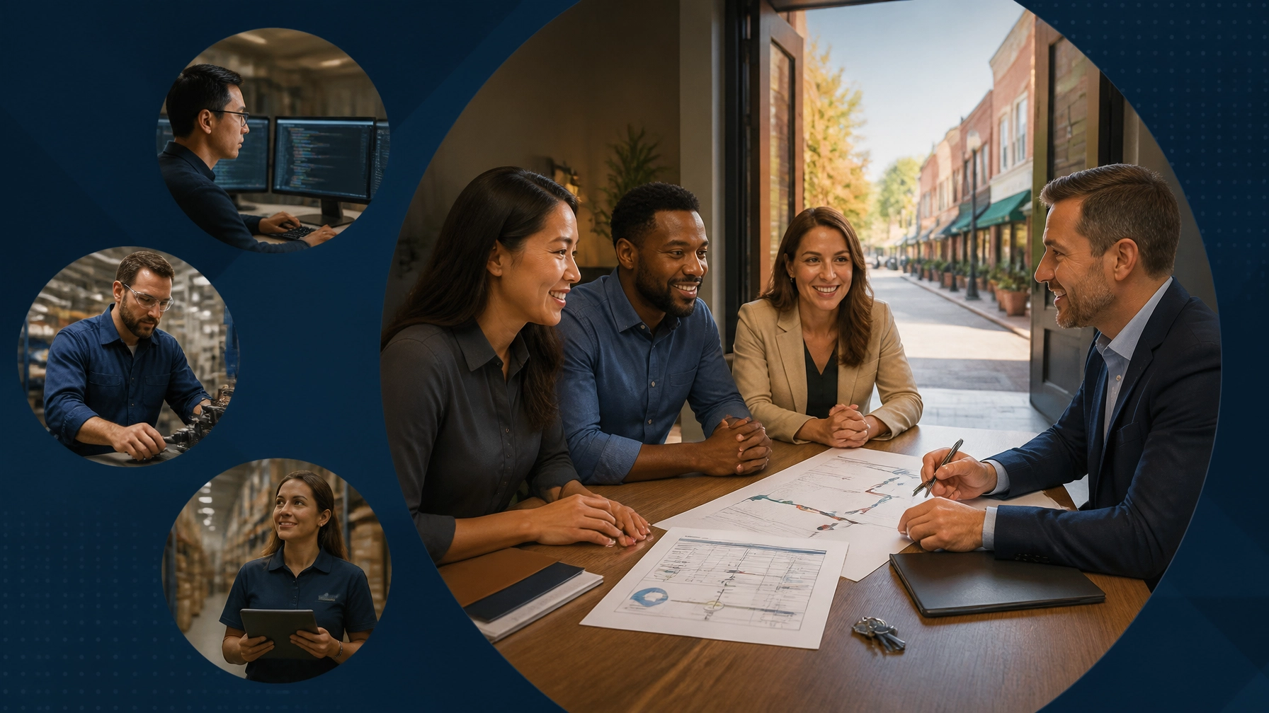 Technology, manufacturing, and logistics professionals review an ownership roadmap with a franchise consultant