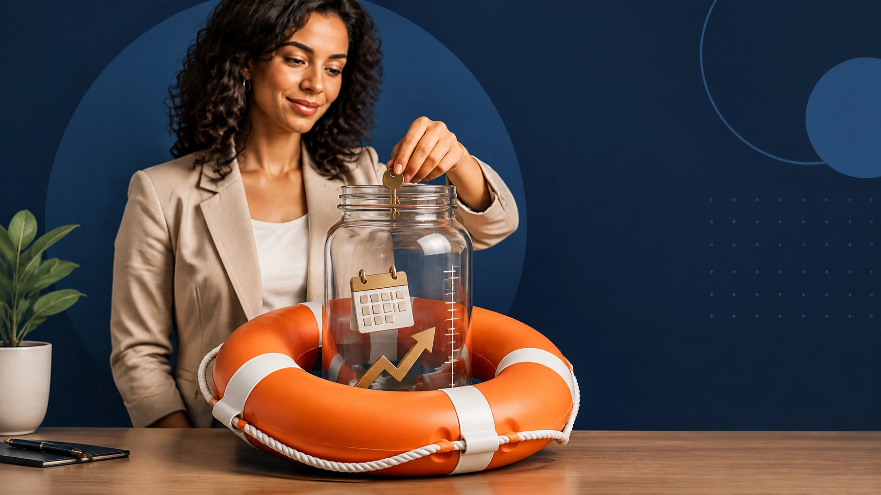 Entrepreneur protecting a working-capital jar with a key, calendar, cash-flow arrow, and emergency life preserver