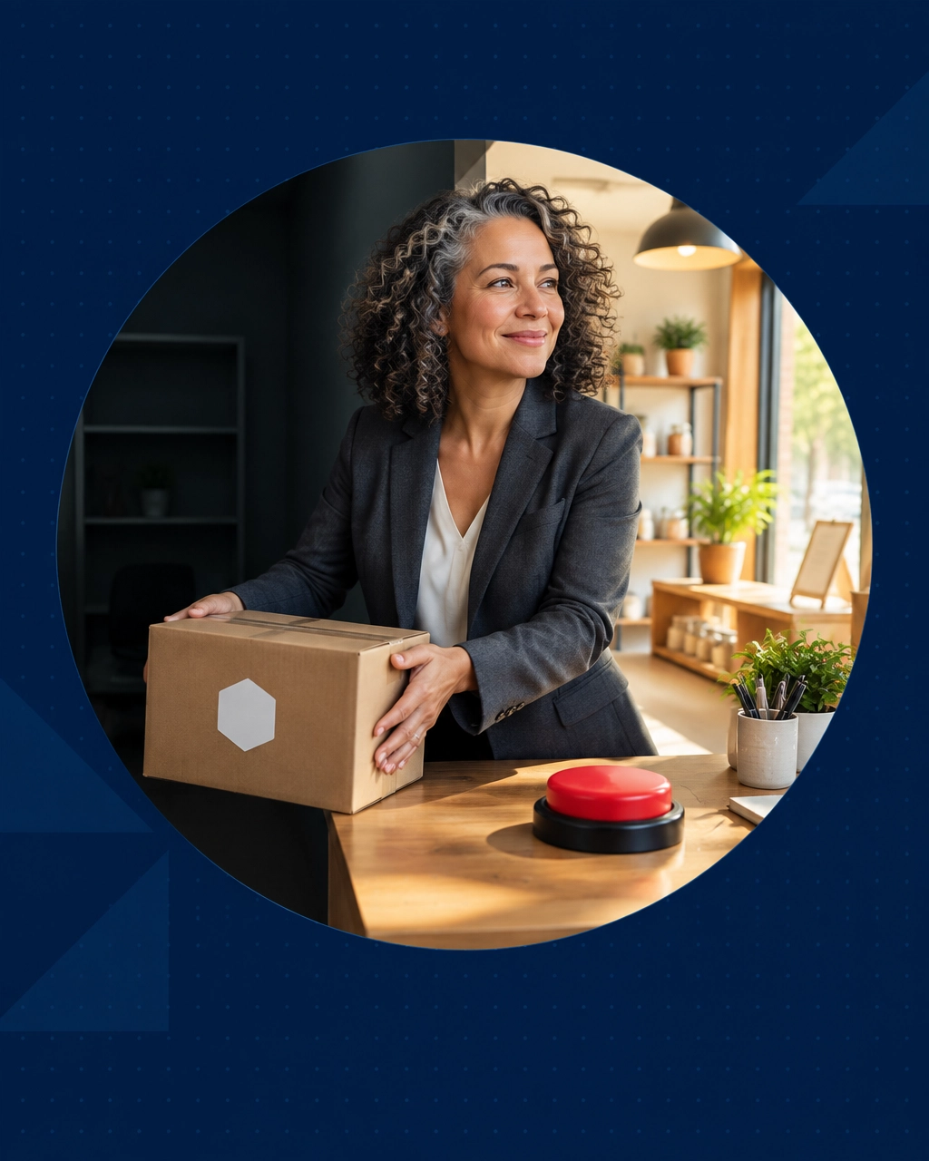 A professional moving a business box from a dark workspace into a warmly lit new office