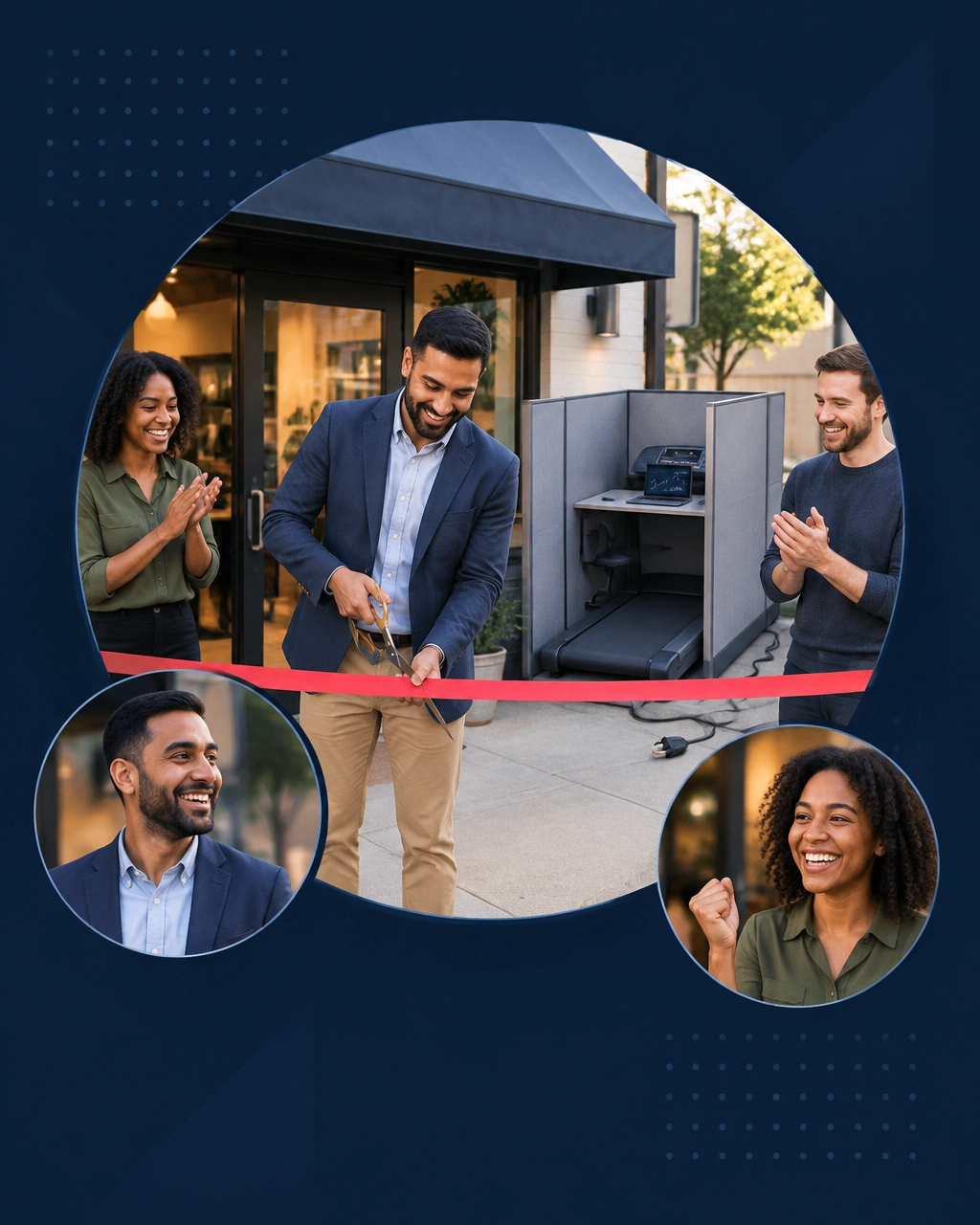 A new business owner cuts a ribbon while an abandoned corporate cubicle treadmill sits behind the team