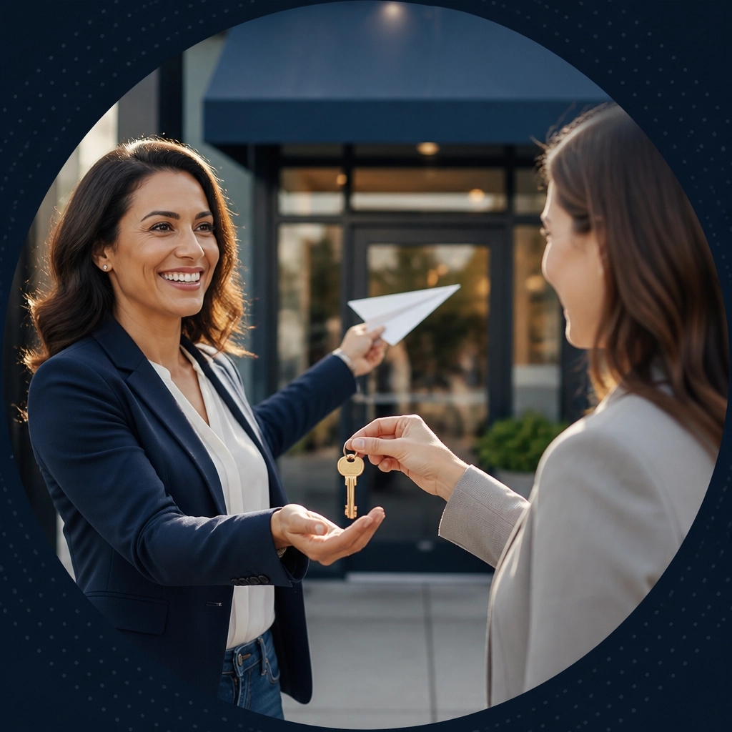 A professional woman receives a storefront key while a folded legal document becomes a paper airplane