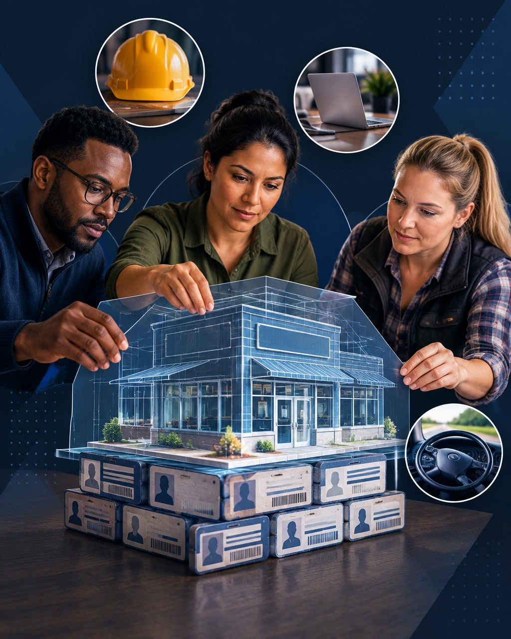 AI-generated image showing three professionals building a franchise storefront from a business blueprint