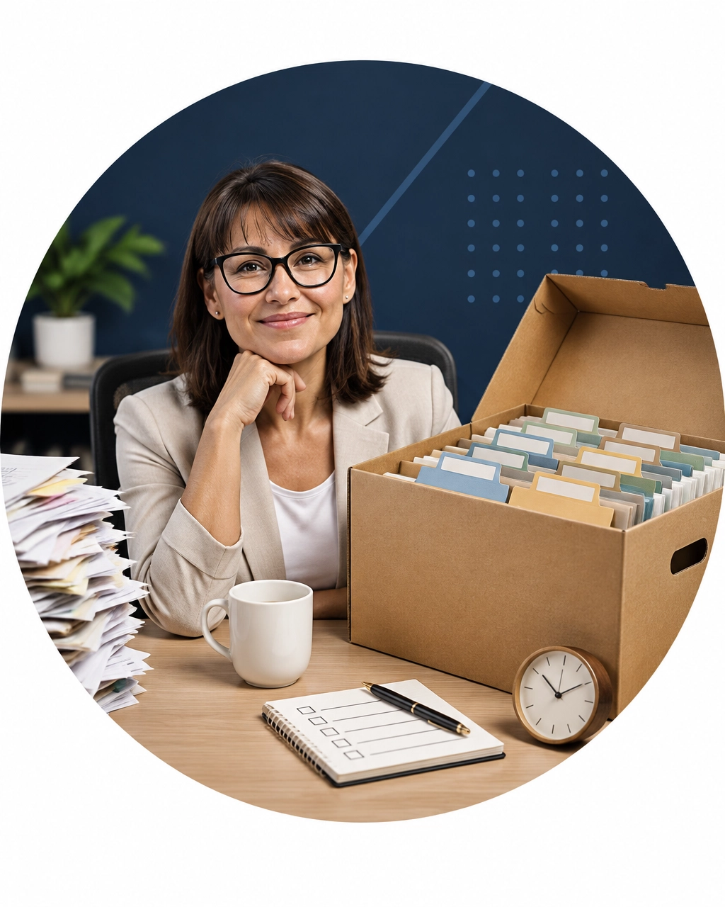 A focused professional woman sits beside an oversized organized business-system box, turning chaos into a clear operating plan