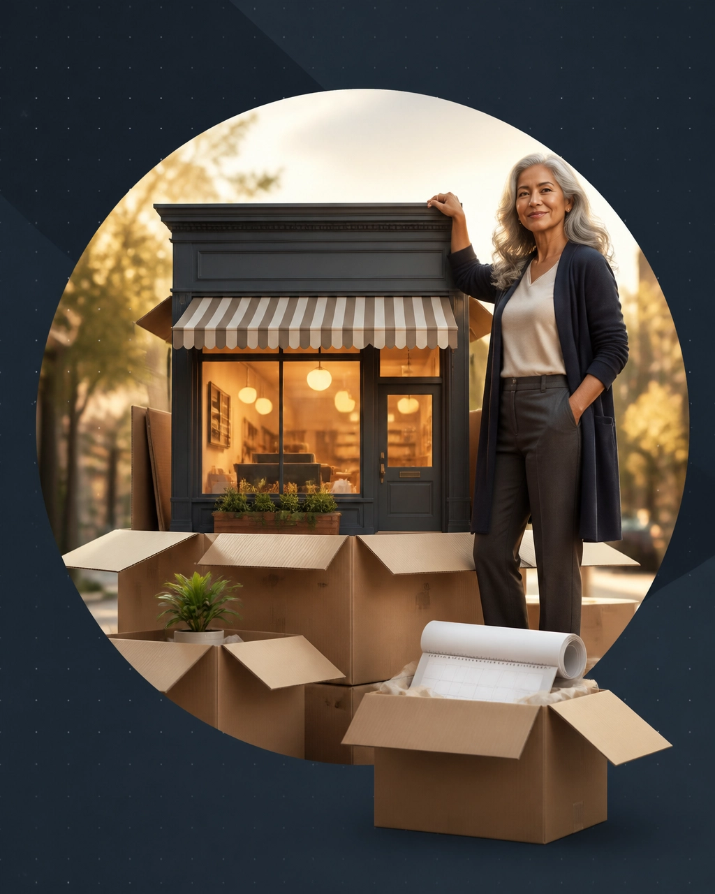An older entrepreneur stands confidently beside a welcoming storefront emerging from moving boxes, symbolizing a new chapter after retirement or empty nesting
