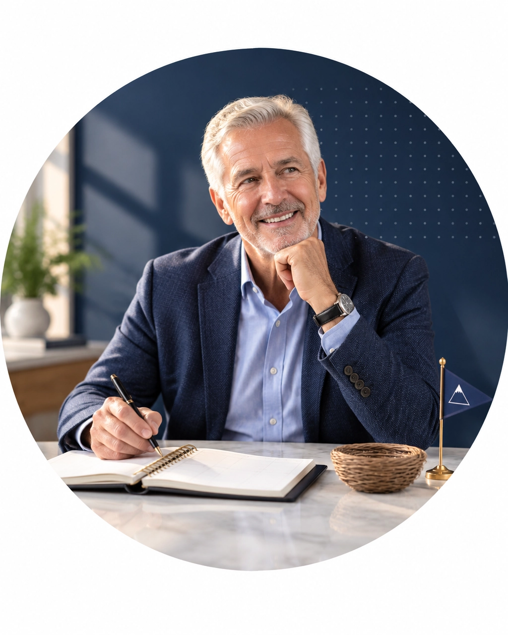 A silver-haired professional writes a new business plan beside a comically tiny empty woven bowl and a miniature launch flag