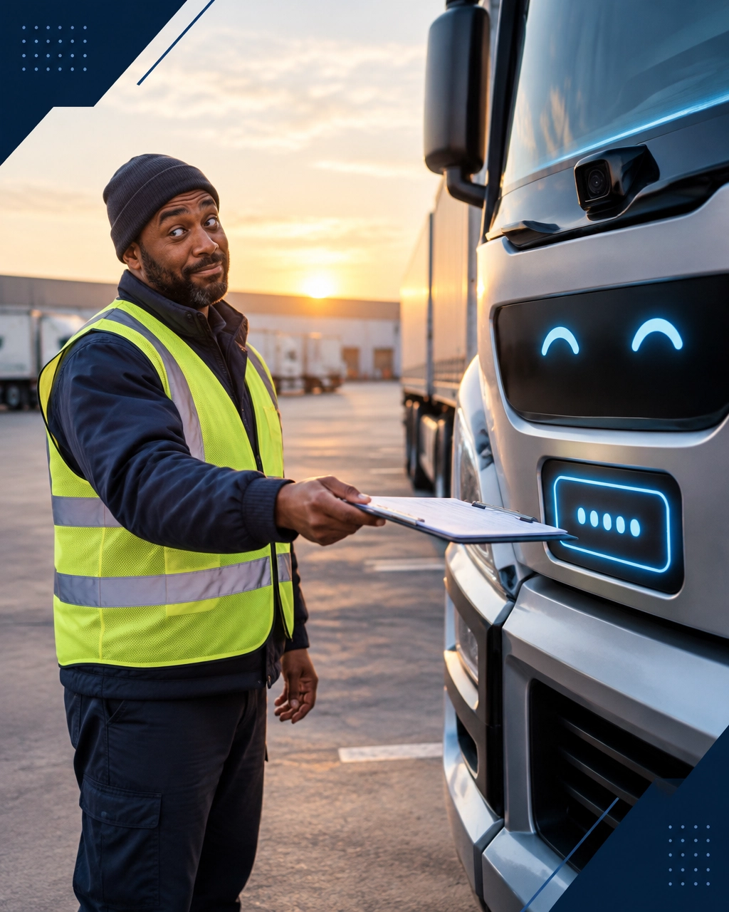 Truck driver handing a clipboard to a friendly autonomous truck at sunrise in a logistics yard