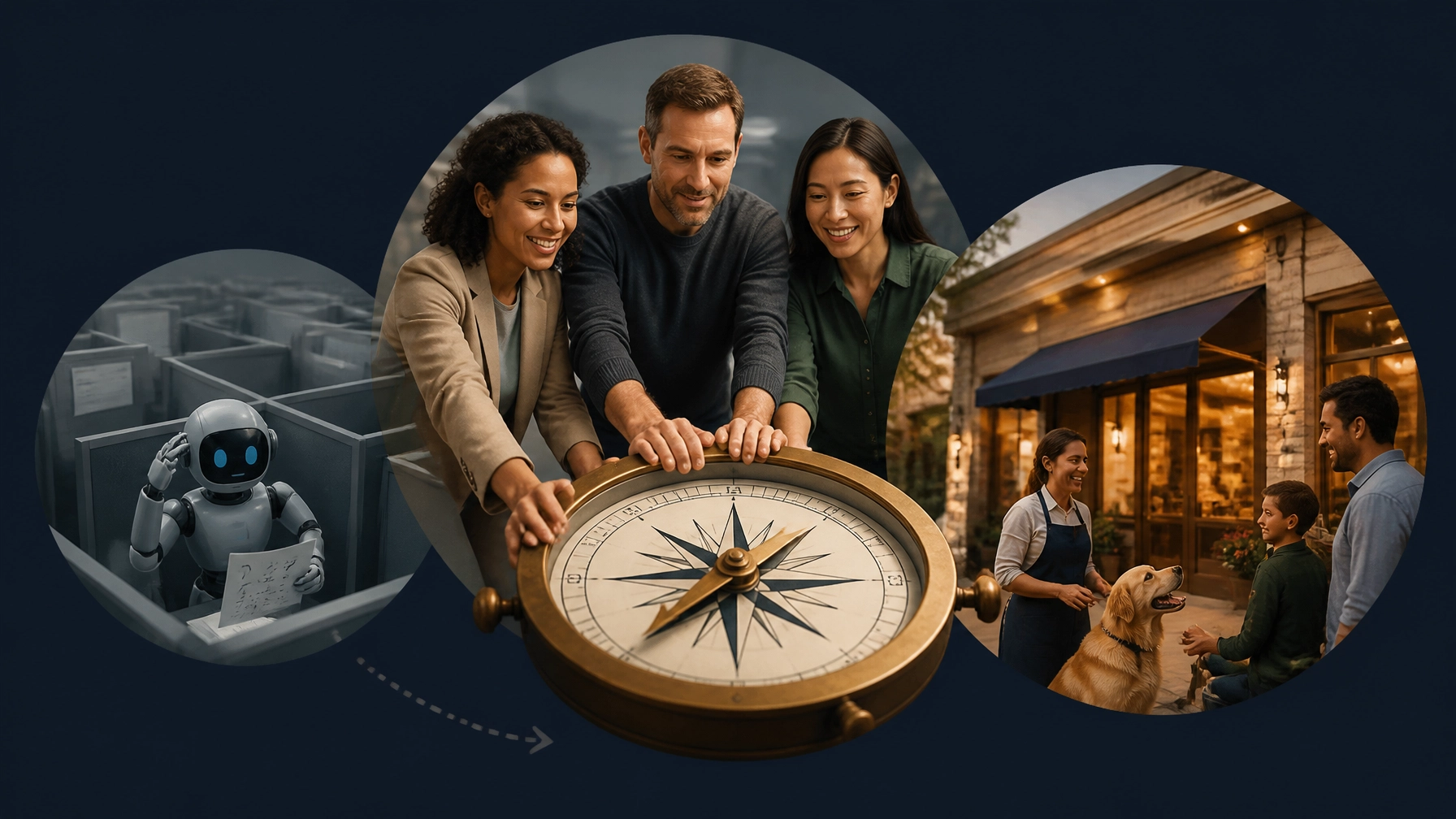 Professionals use a compass to move from a corporate maze toward a local franchise business and community customers