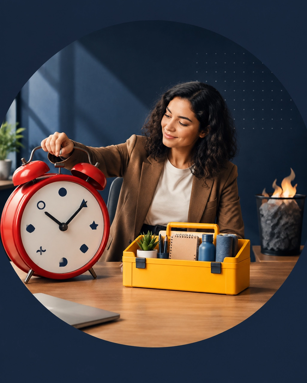 Professional turning off an oversized alarm clock beside a compact business launch kit, symbolizing recovery from burnout