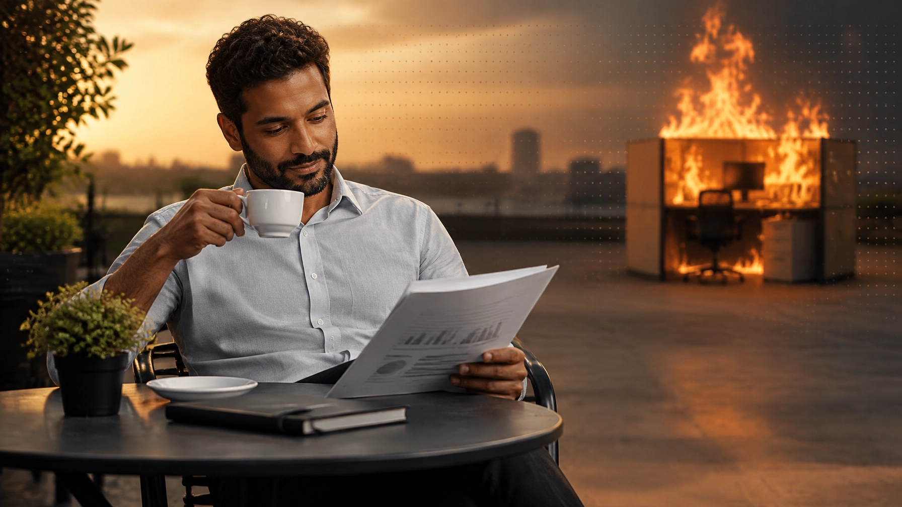 Calm professional reviewing a business plan while an old generic office burns safely in the distant background, symbolizing a clear-headed career reset