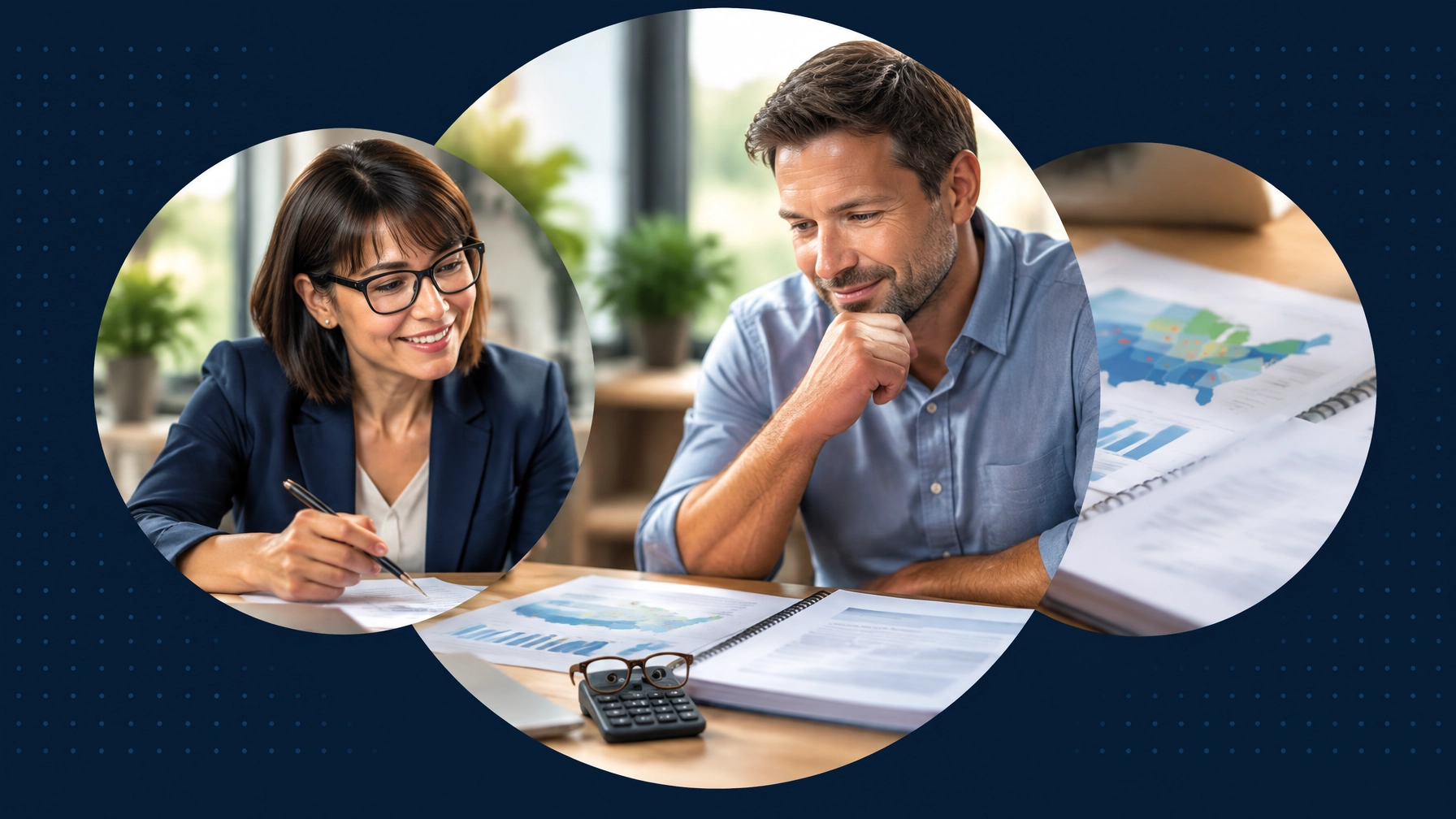 A prospective owner and consultant examine a market map, paperwork, and financial worksheet