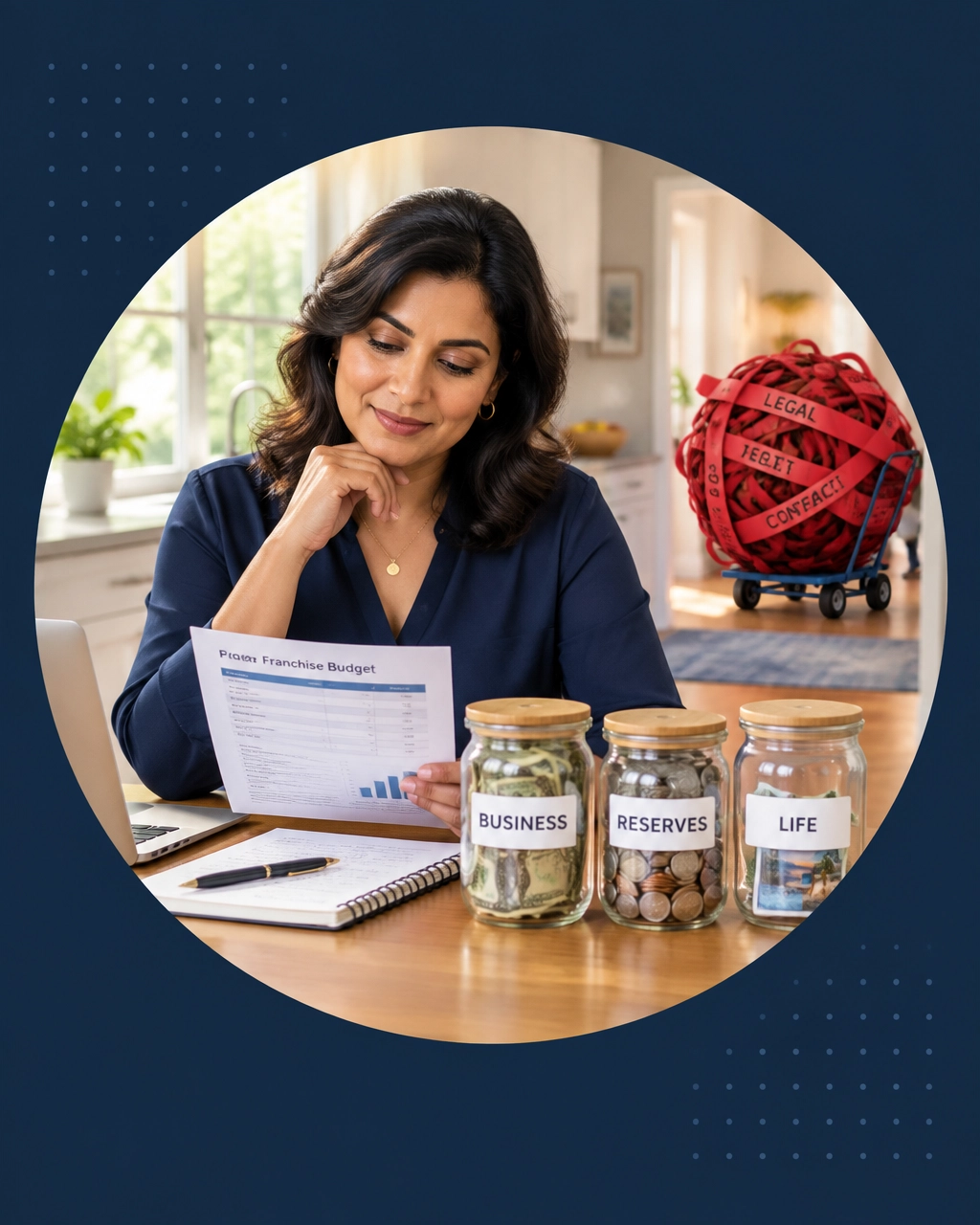 Entrepreneur reviewing a franchise budget with separate jars for business, reserves, and life while legal red tape rolls away