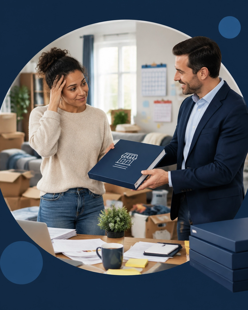 Franchise consultant handing a tidy instruction manual to a prospective owner in a chaotic half-packed living room
