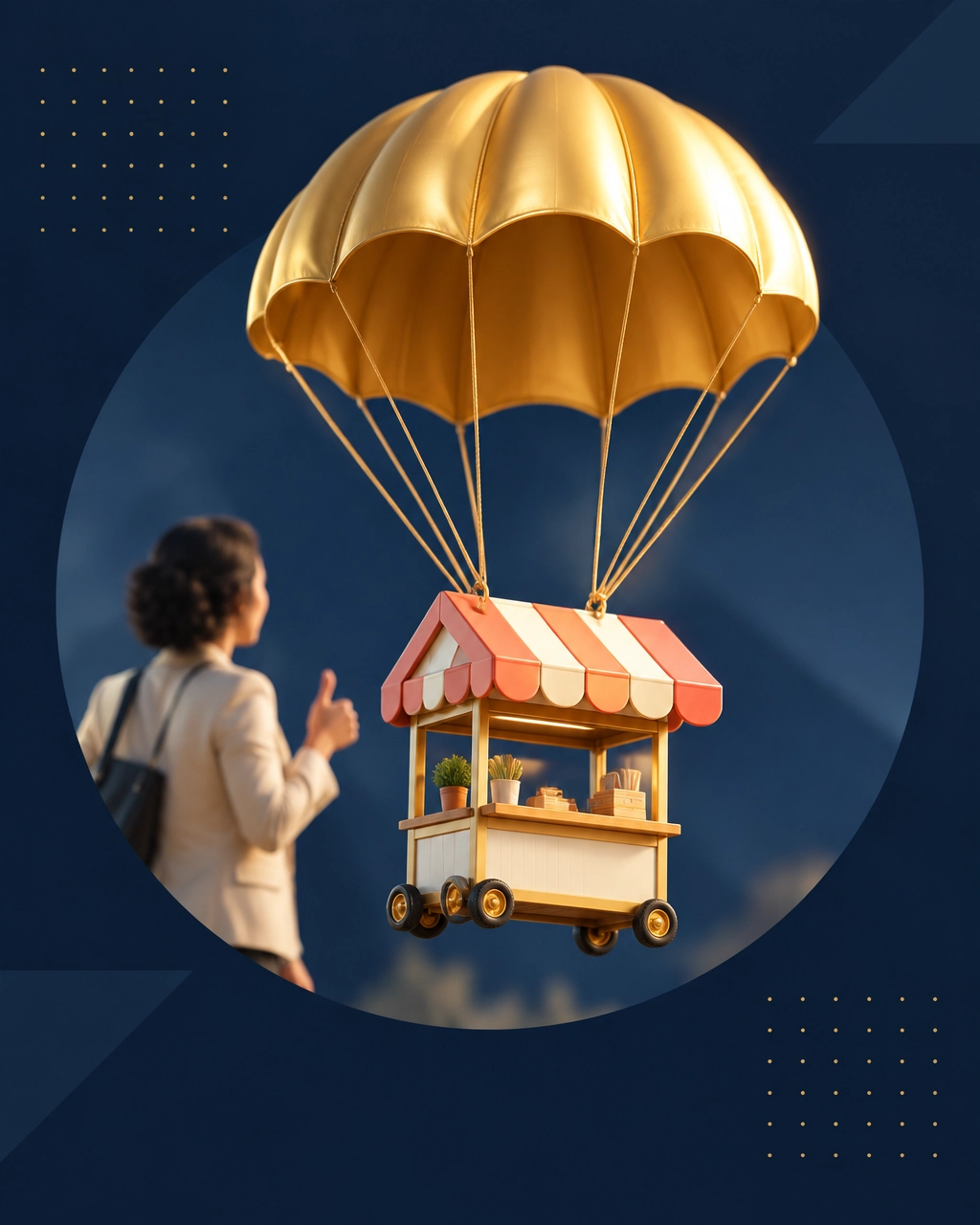 A golden parachute carries a small storefront kiosk toward a fresh start while a professional entrepreneur gives an approving thumbs-up