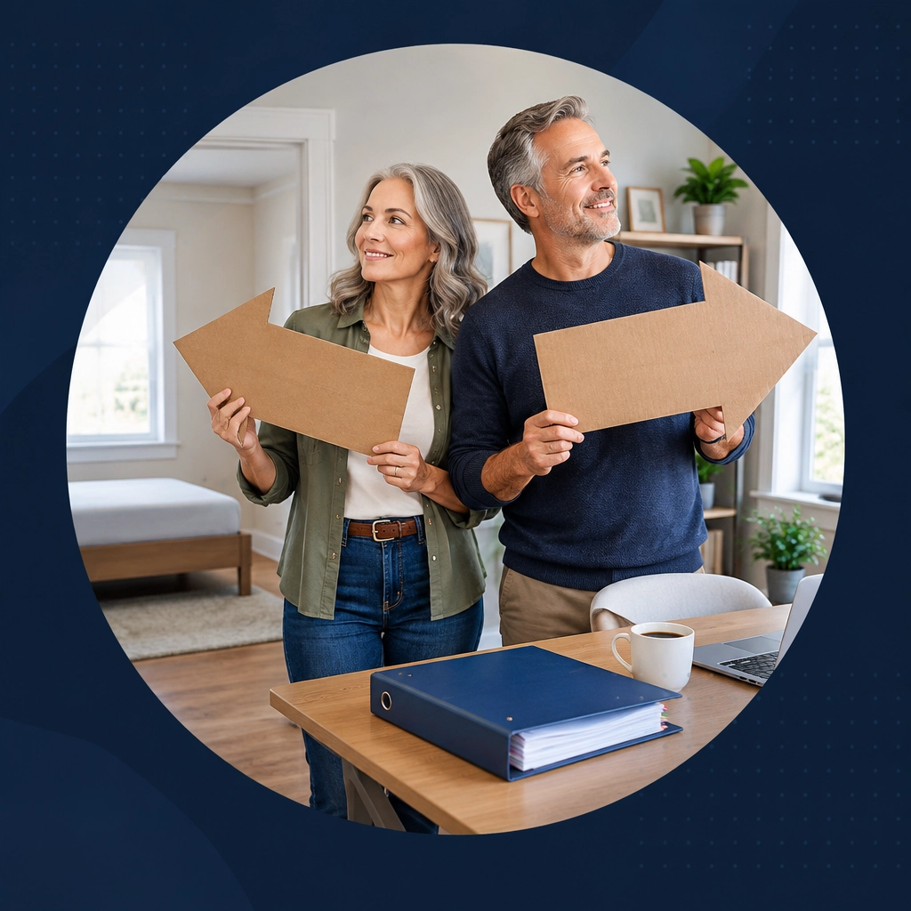 An empty-nester couple holds oversized directional arrows toward a franchise operations binder, humorously pointing toward their next chapter