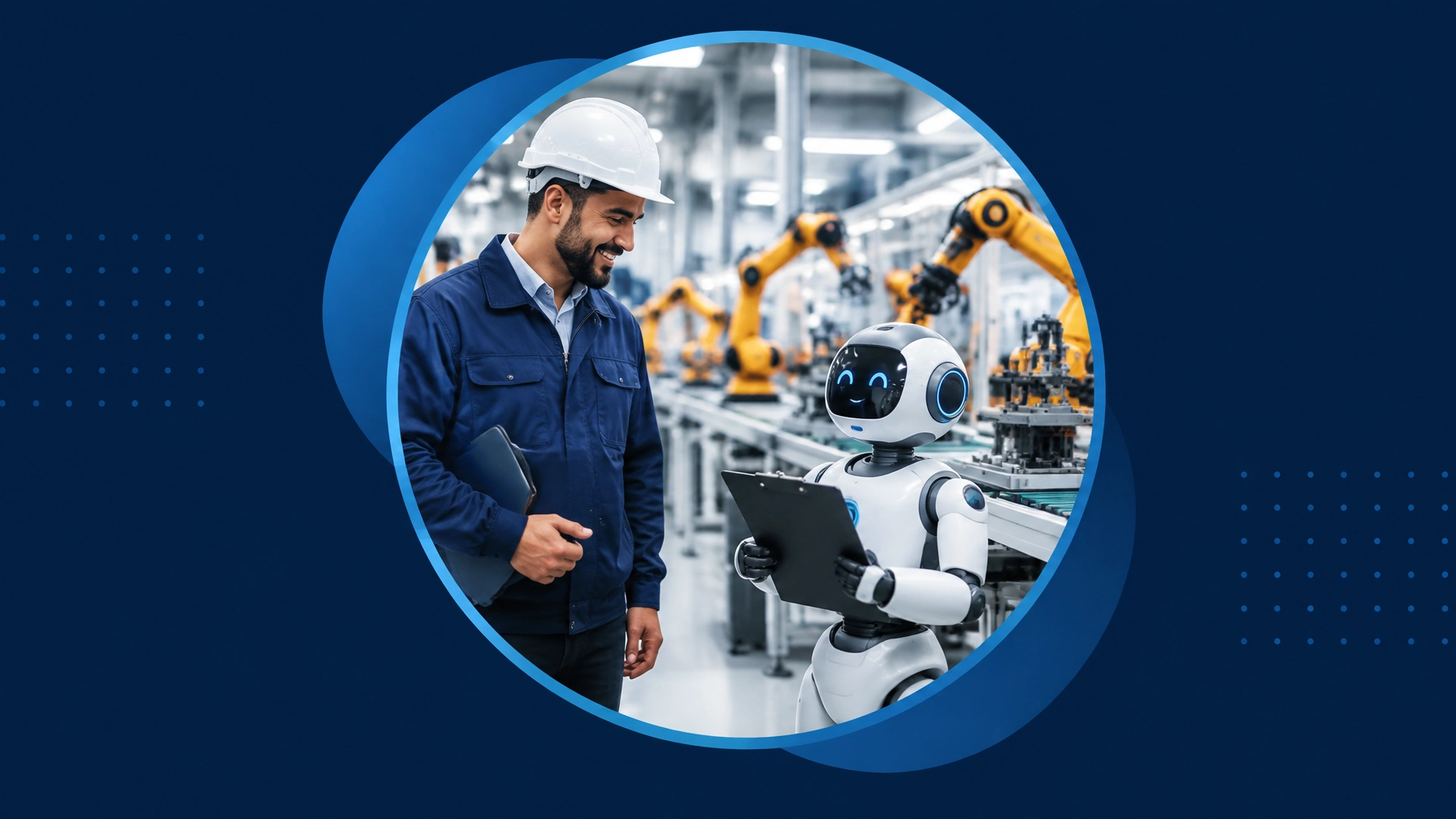 Manufacturing supervisor reviewing production data while a robot holds a clipboard like a new operations manager