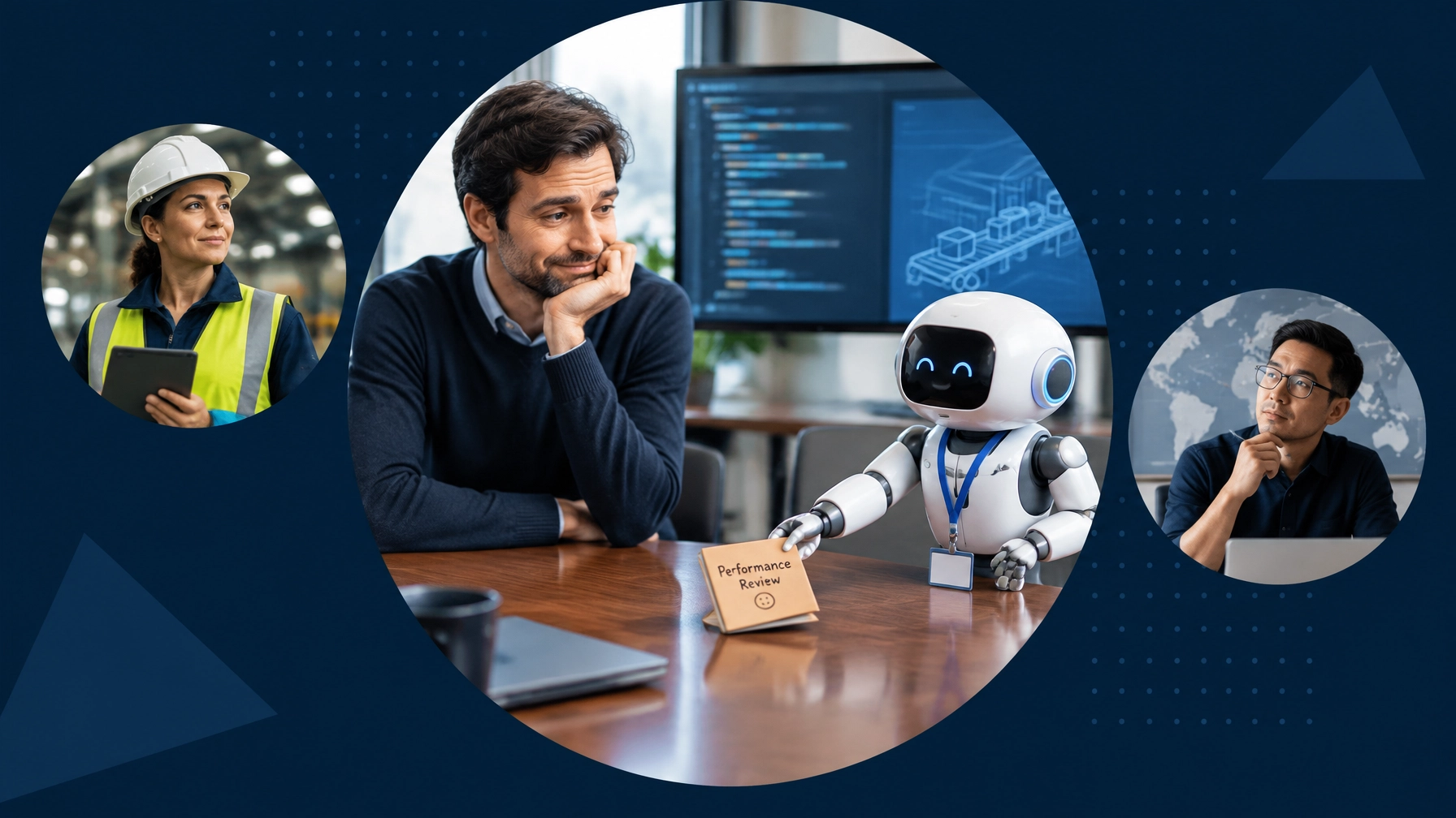 A robot in a meeting slides a tiny performance review across the table to a thoughtful software professional