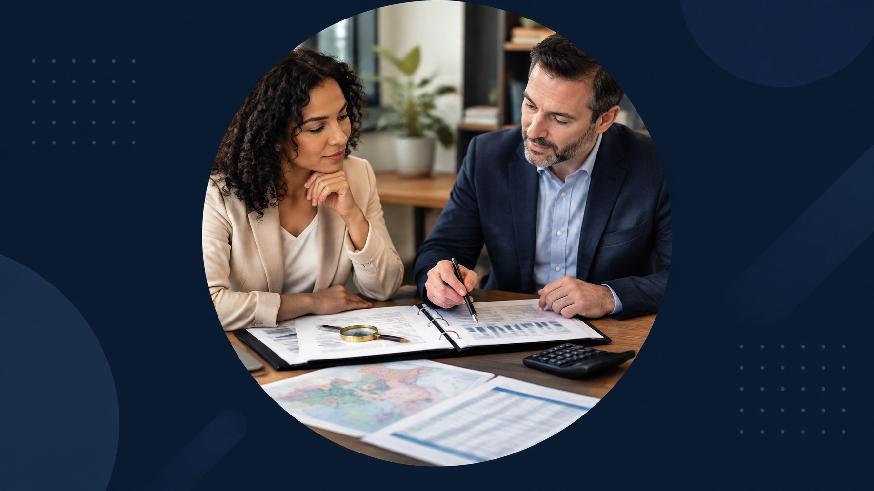 A prospective buyer and advisor review an FDD, territory map, calculator, and financial documents during a careful franchise investment discussion