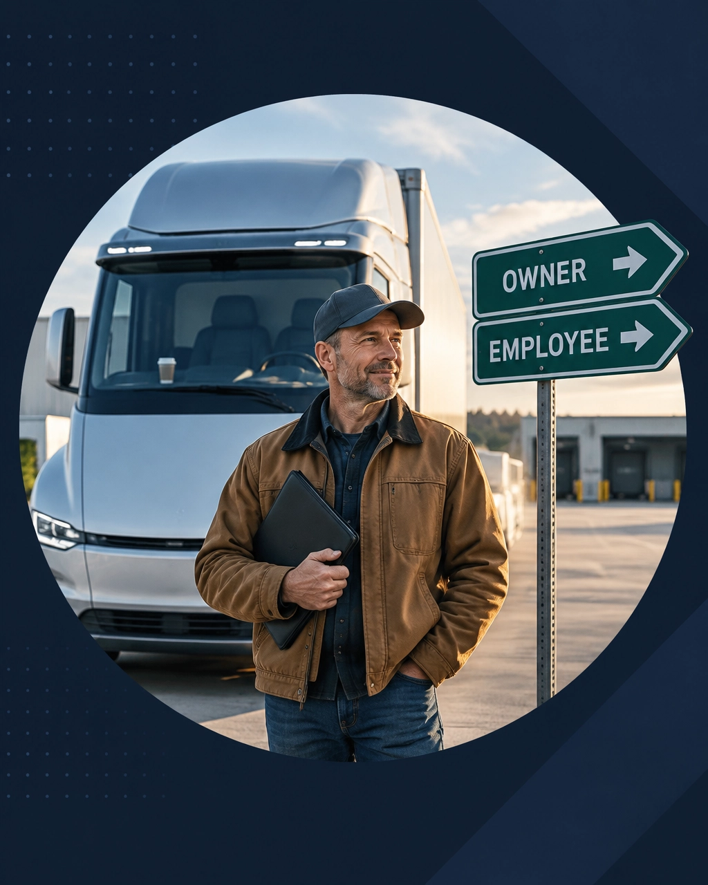 An experienced truck driver stands beside a modern freight truck at a crossroads marked “Owner” and “Employee”