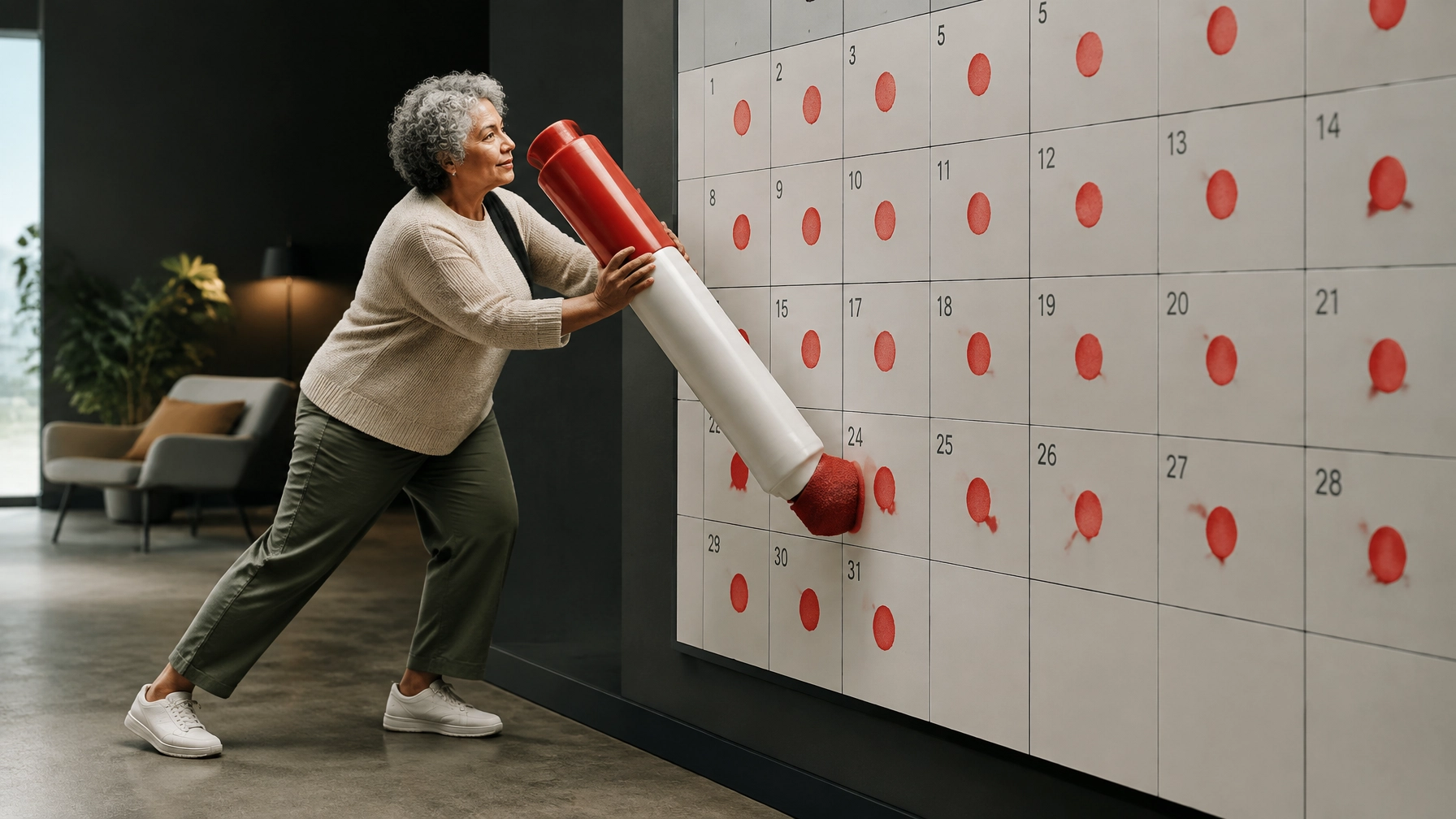 Retired professional placing a marker on a new planning board after a calendar full of identical days