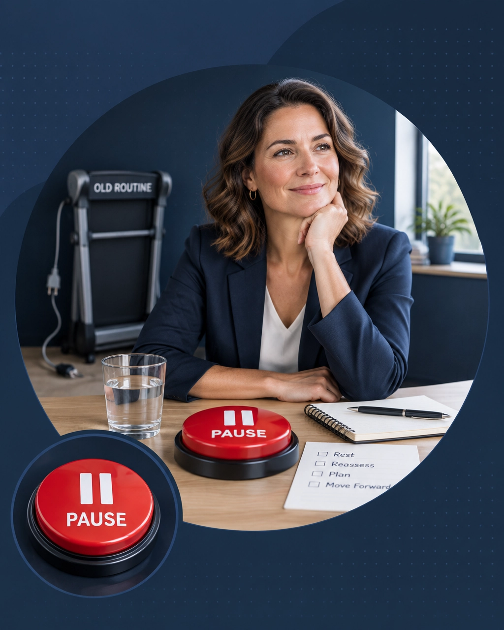 Burnout recovery scene with a professional entrepreneur beside a pause button, a checklist, and an unplugged treadmill labeled Old Routine