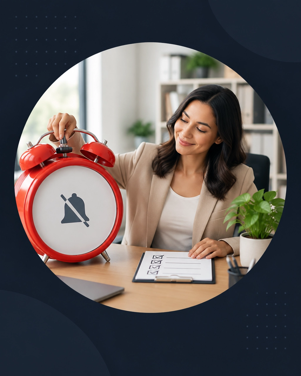 An entrepreneur turns off an oversized alarm clock while reviewing a calm, organized operations checklist