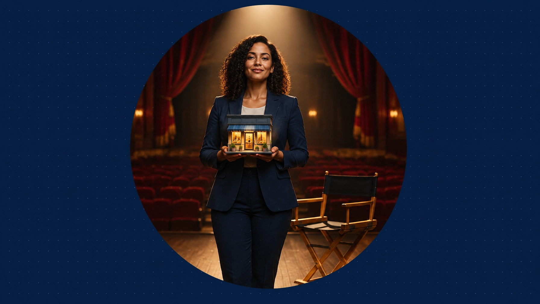 A professional holds a glowing miniature storefront under a spotlight in an empty theater