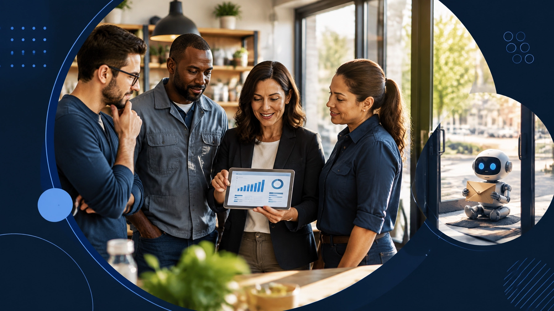 Former technology, manufacturing, and trucking professionals review business performance in a franchise workspace while a small robot waits outside