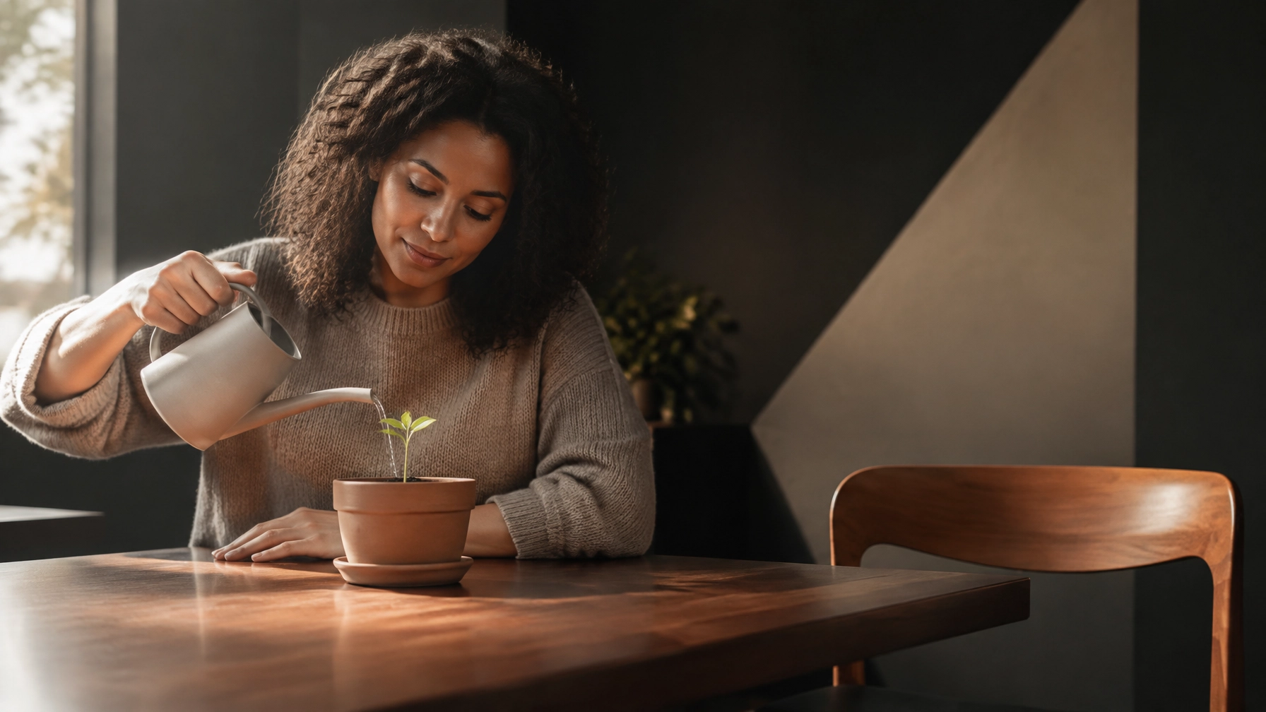 Professional carefully tending a new plant beside a quiet, empty chair while planning a future chapter