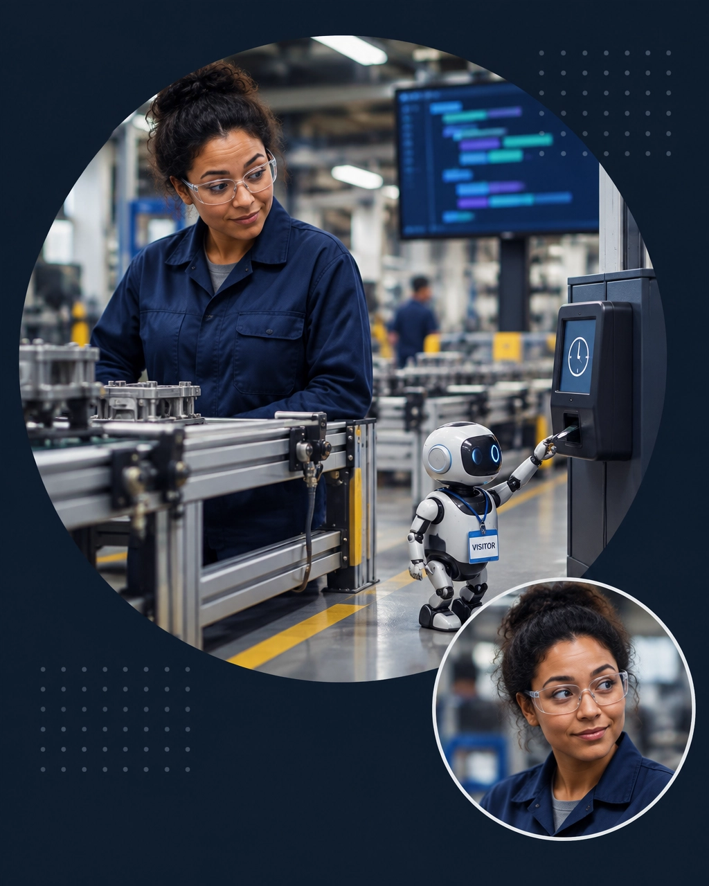 A manufacturing worker watches a small robot humorously clock in beside an automated assembly line