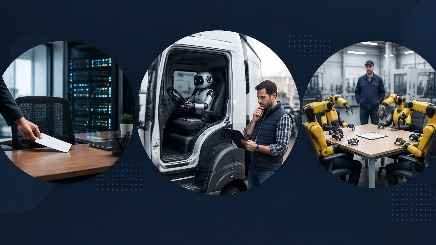 Three circular scenes depict a resignation letter near a server rack, a robot in a truck cab, and machines at a factory meeting