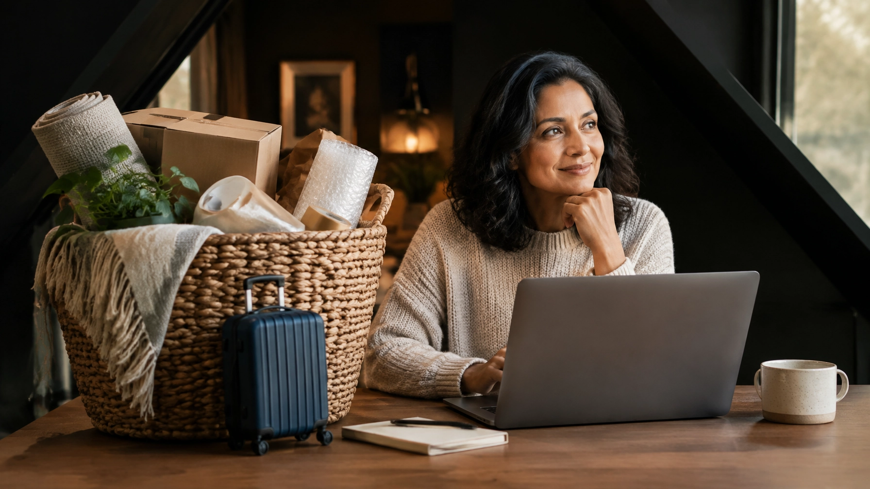 Mature professional planning a new business chapter beside an oversized empty nest-shaped supply basket