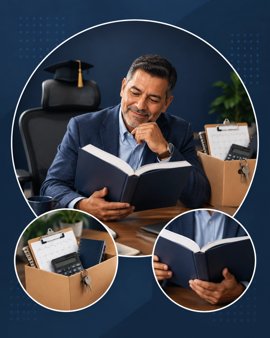 Professional entrepreneur reading a franchise playbook beside a business-in-a-box kit while an empty office chair wears a graduation cap