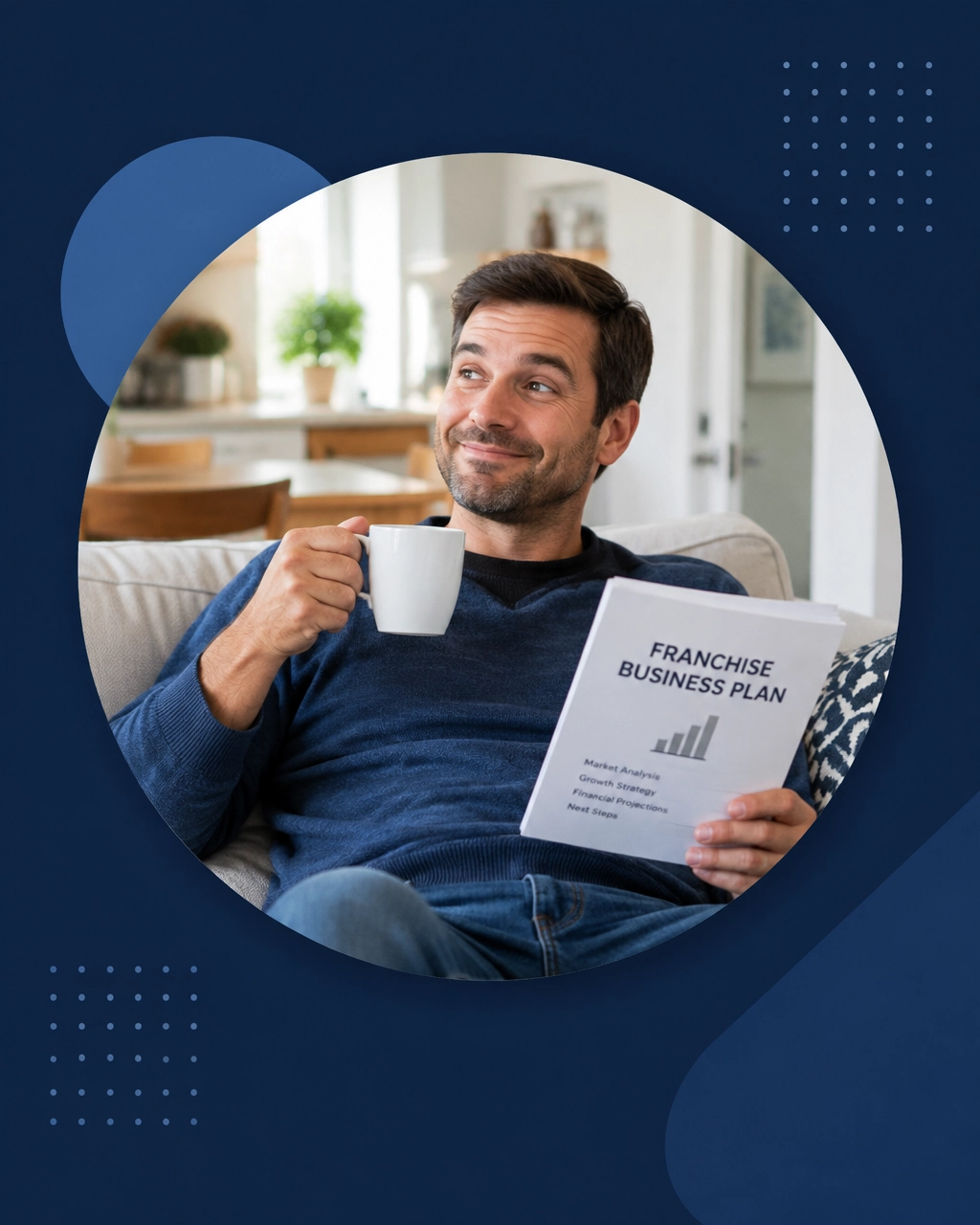 A parent relaxes in a suddenly quiet living room, holding coffee and a franchise business plan, looking delighted and slightly guilty about the peace and quiet, inside a circular portrait on a dark navy minimalist background