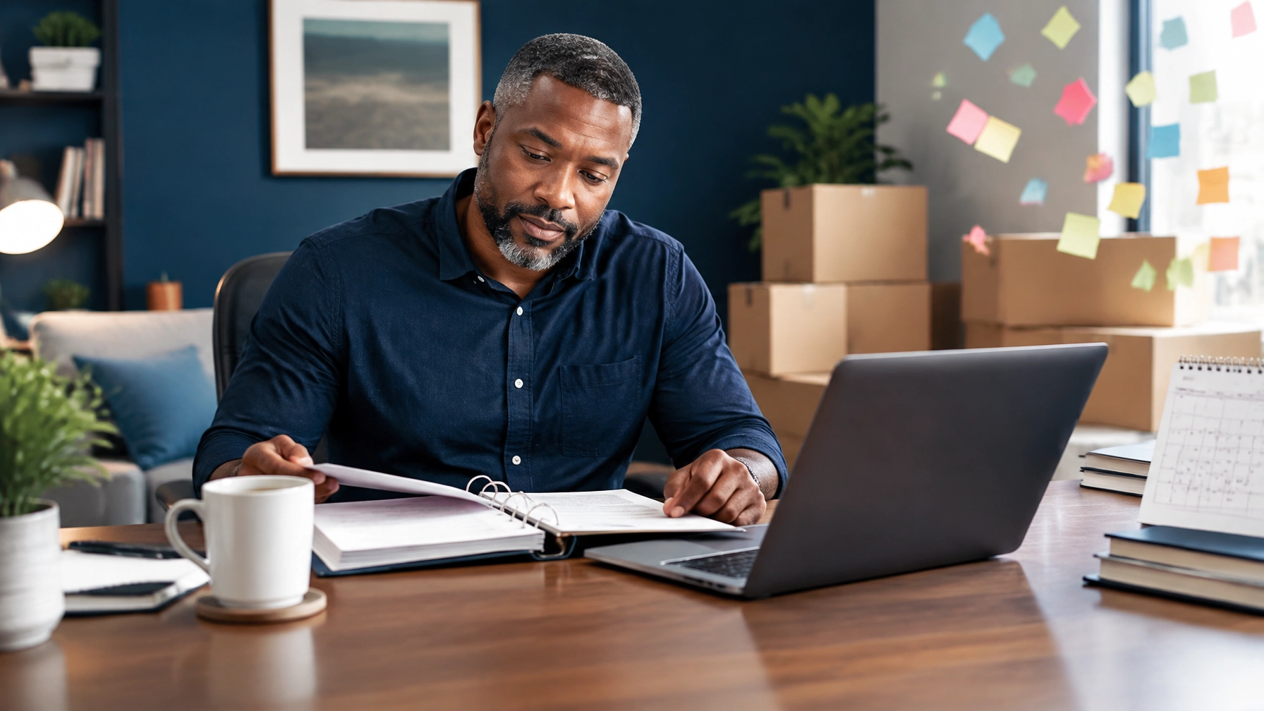 A focused business owner calmly reviews an organized binder at a desk, with moving boxes and sticky notes hinting at change