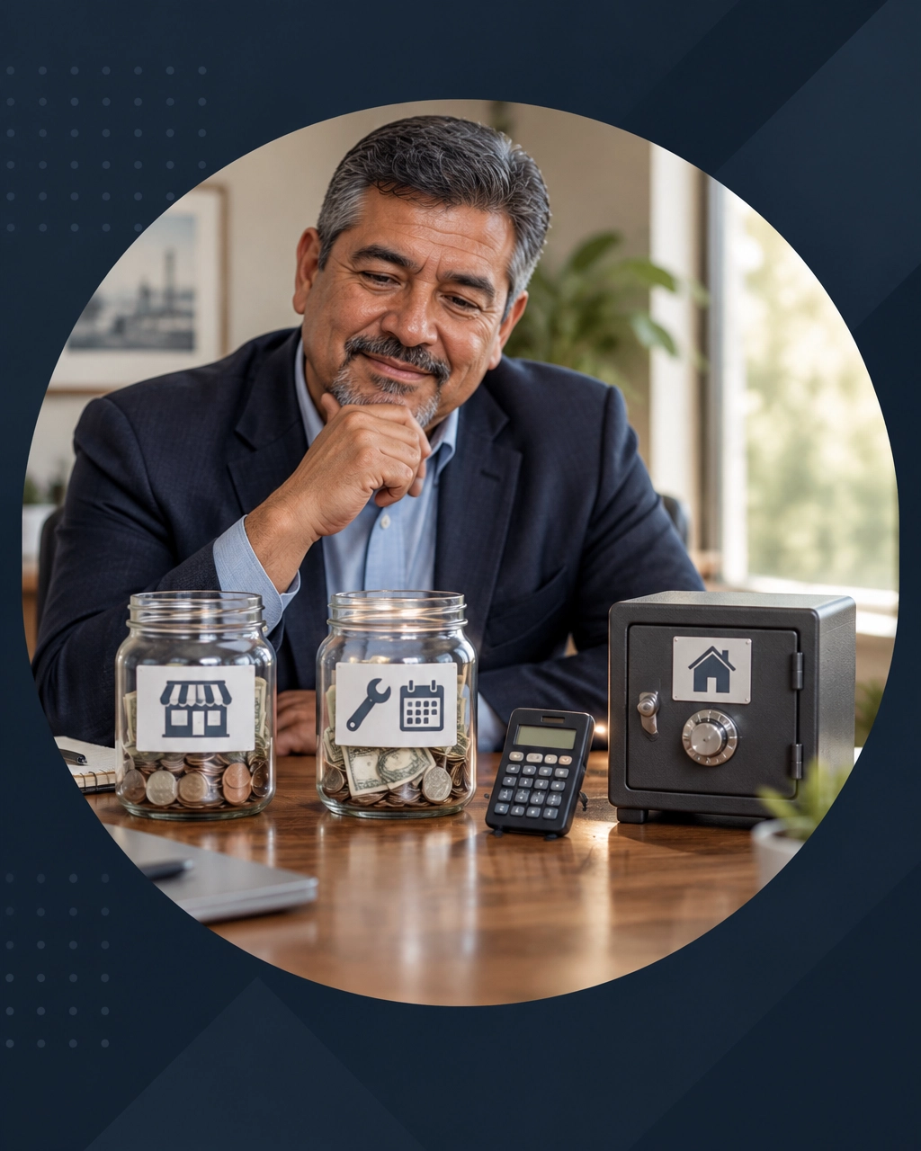 Former plant manager reviewing three clearly separated financial buckets for a franchise investment