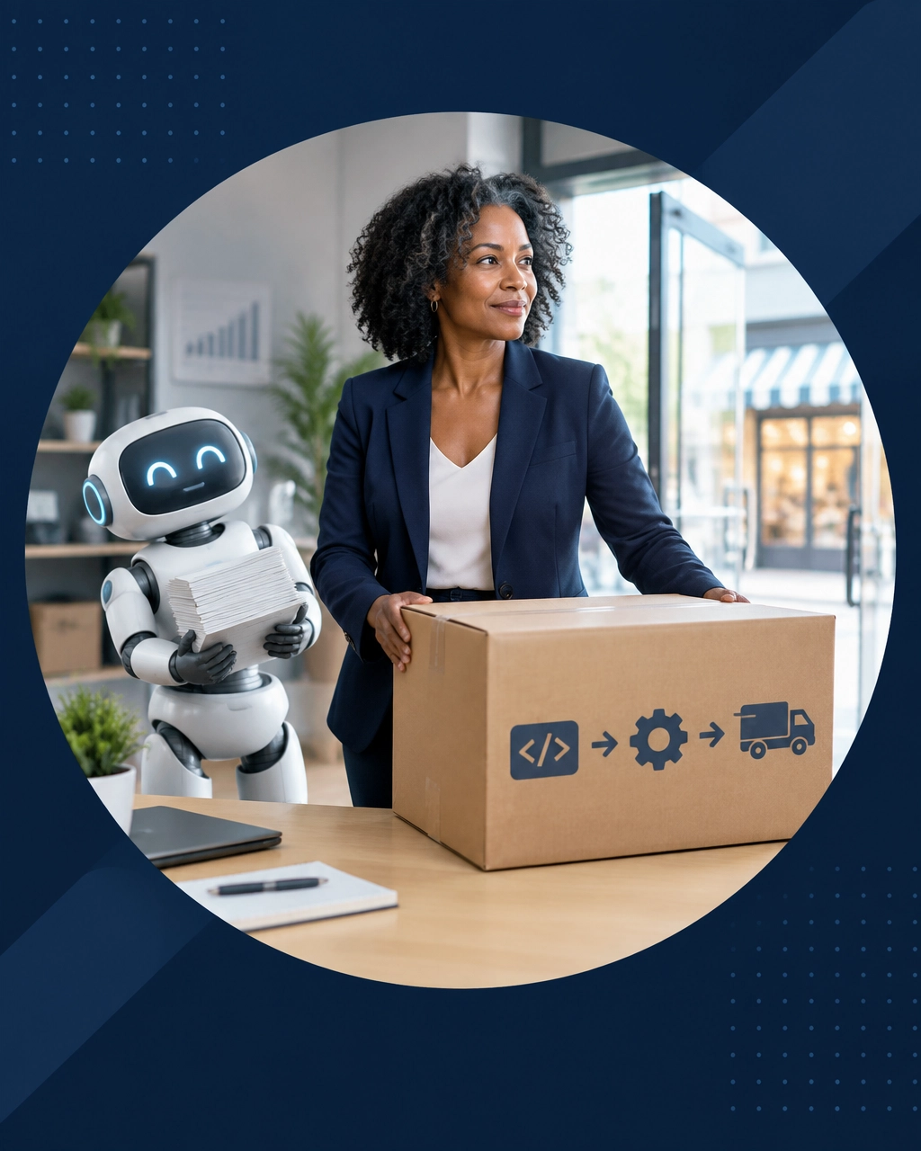 Professional woman moving a box while an automation robot struggles with paperwork