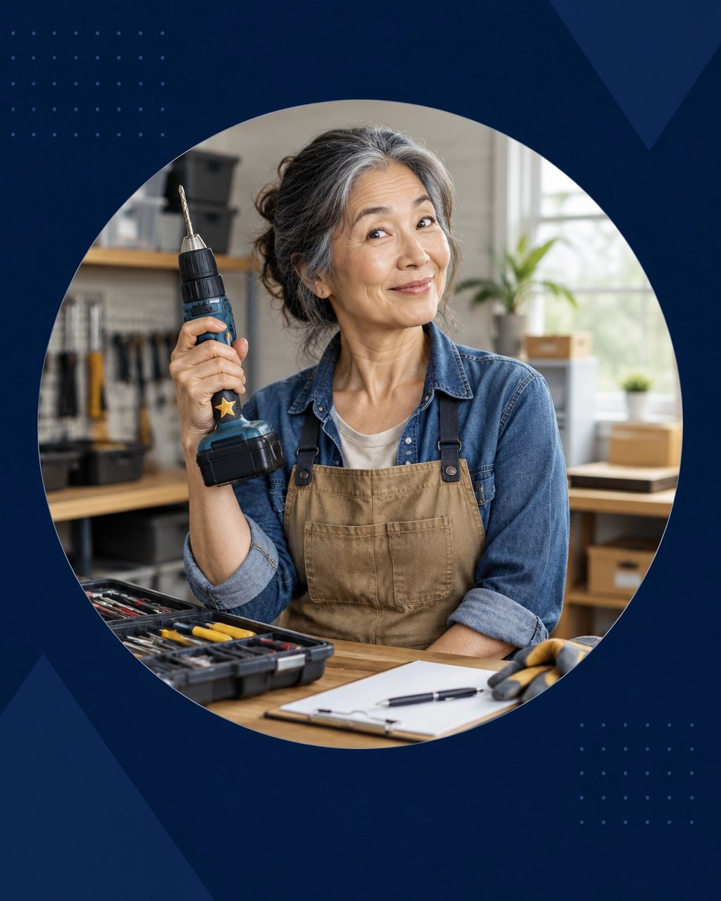 A retiree holds a power drill like a trophy in a tidy workshop, ready to learn a new kind of work