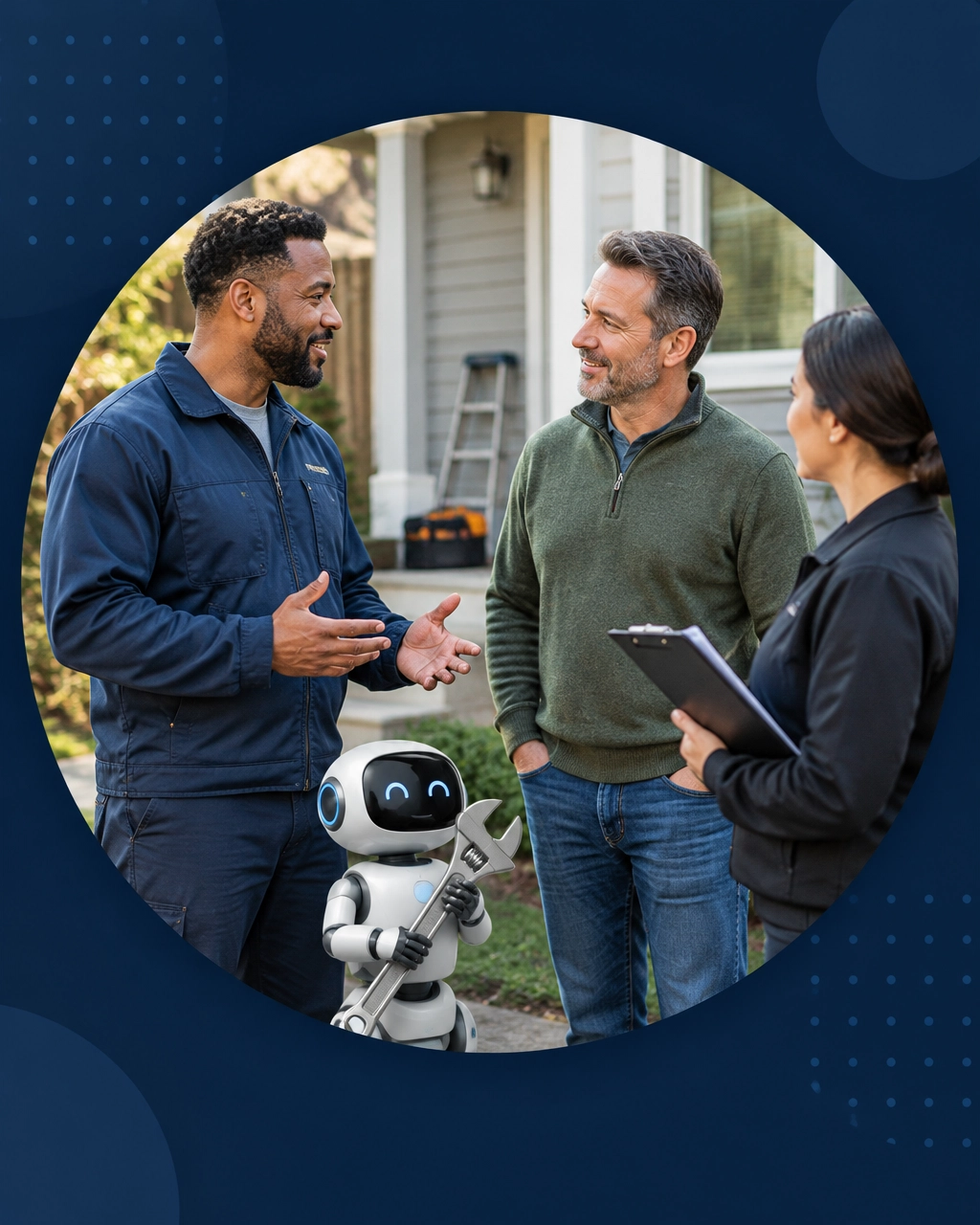 A service professional speaks with a homeowner while a small robot waits with an oversized wrench