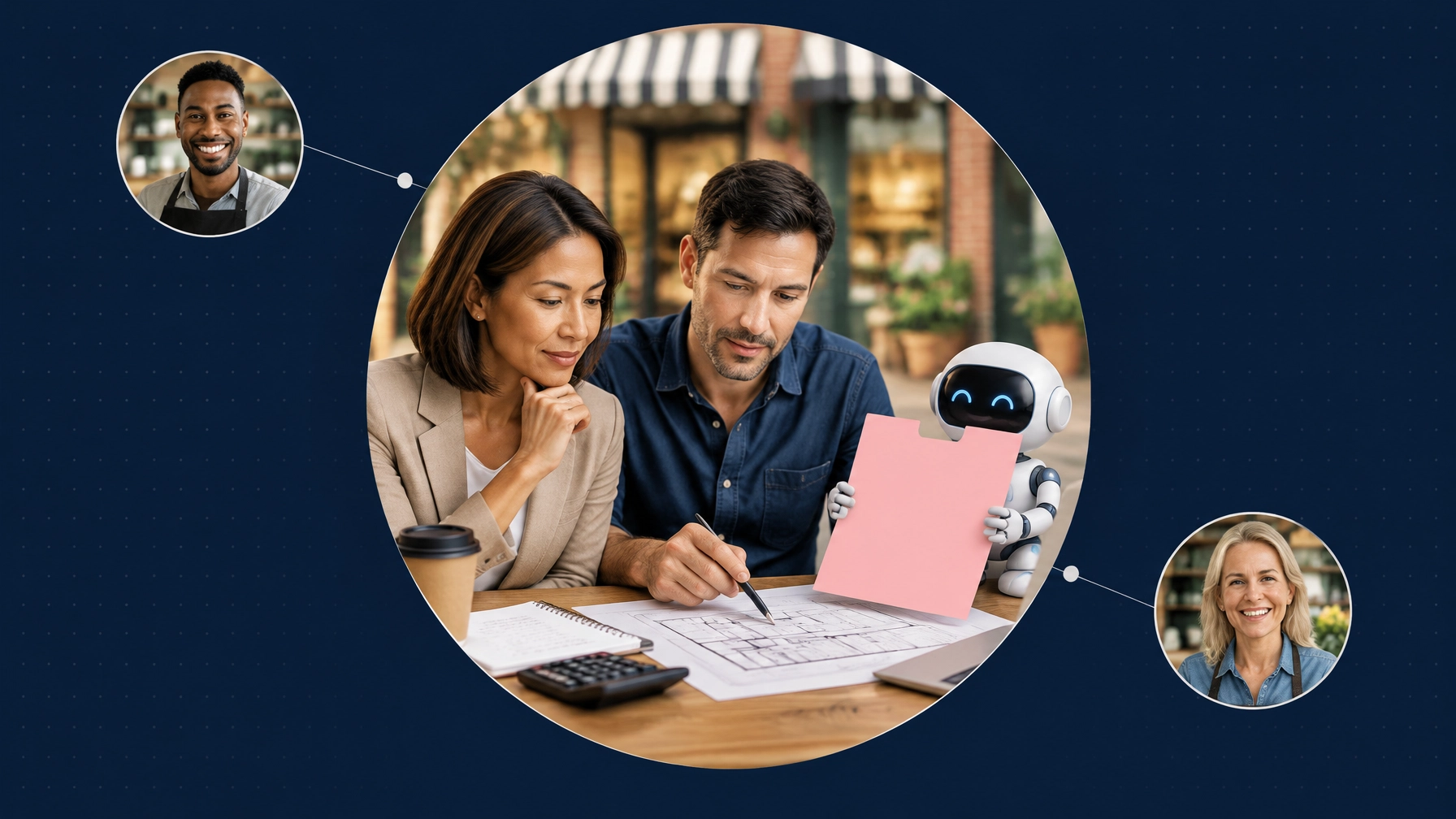 Prospective business owners review a storefront plan with a small friendly robot holding a blank notice