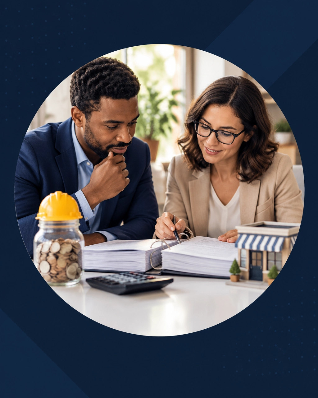 A prospective owner and independent advisor review a disclosure binder, calculator, and emergency-fund jar