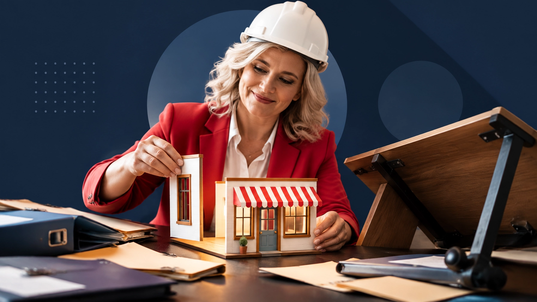 A professional in a hard hat calmly assembling a small storefront on top of a toppled office desk