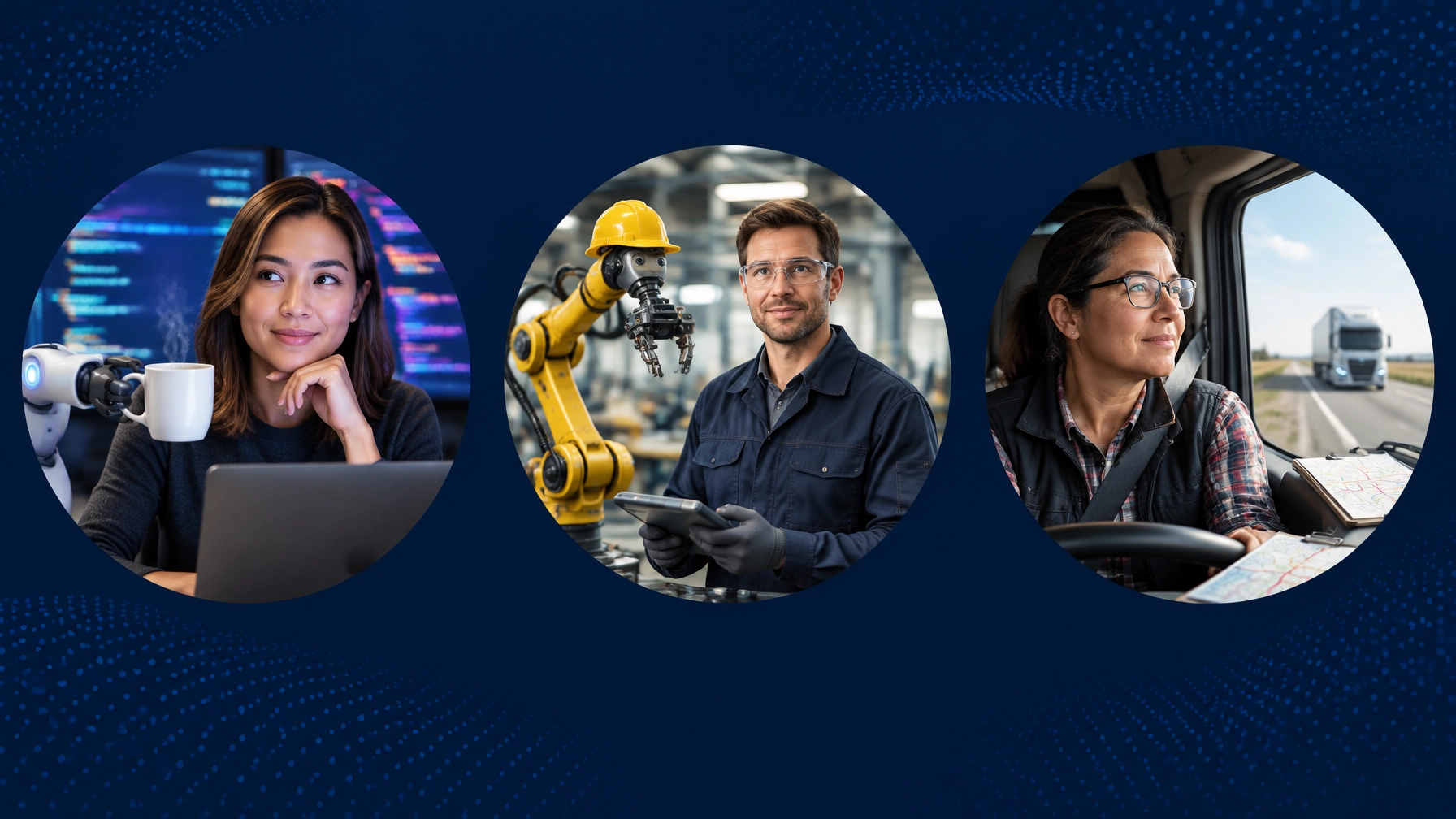 Software, manufacturing, and trucking professionals appear in circular scenes beside automation tools
