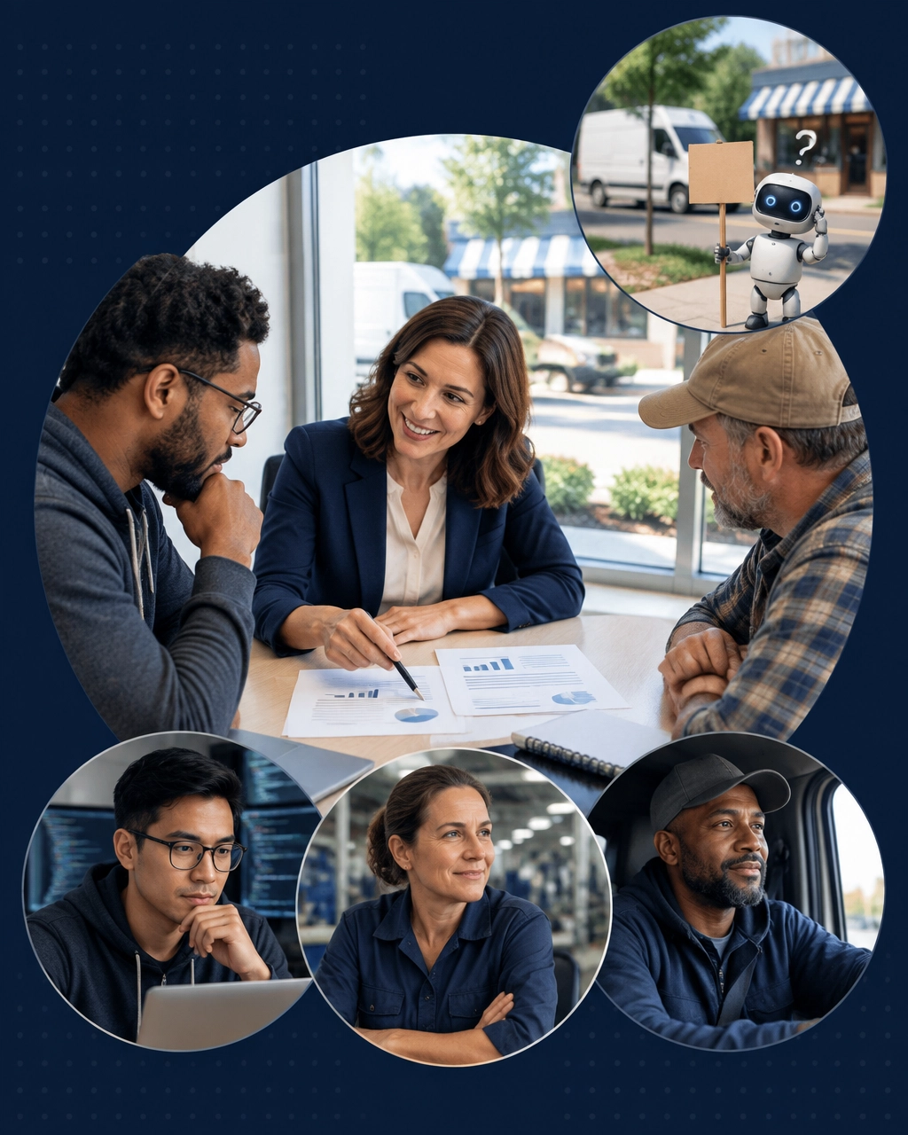 Professionals from technology, manufacturing, and trucking review a franchise business plan with a consultant