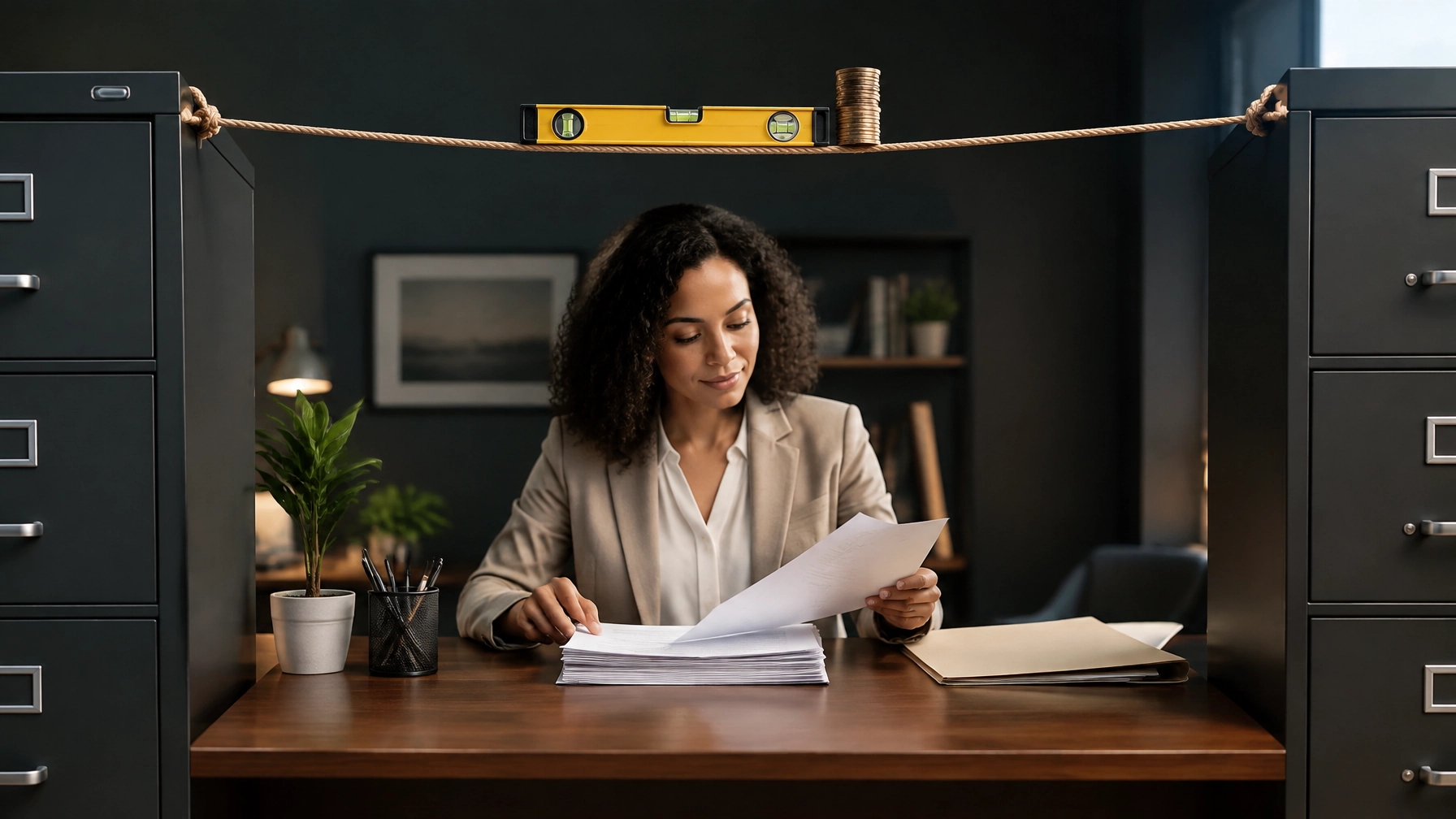 Professional organizing financial paperwork between two orderly filing systems during a fresh start