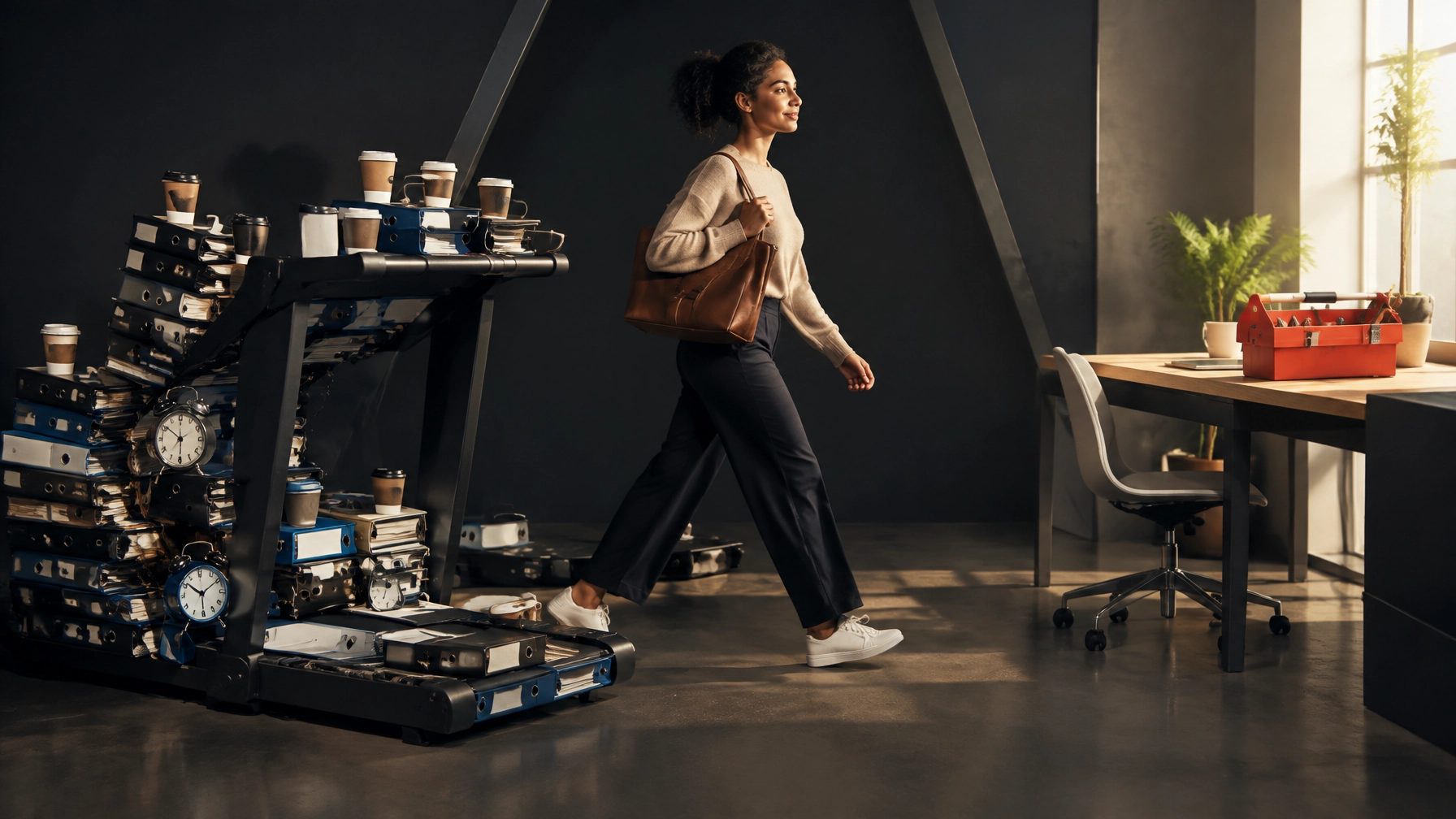 Professional stepping away from an oversized treadmill made from office binders and clocks toward a more organized workstation