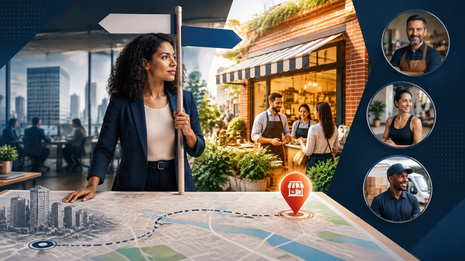 A professional studies a career map leading from a corporate office toward a local franchise storefront and independent ownership