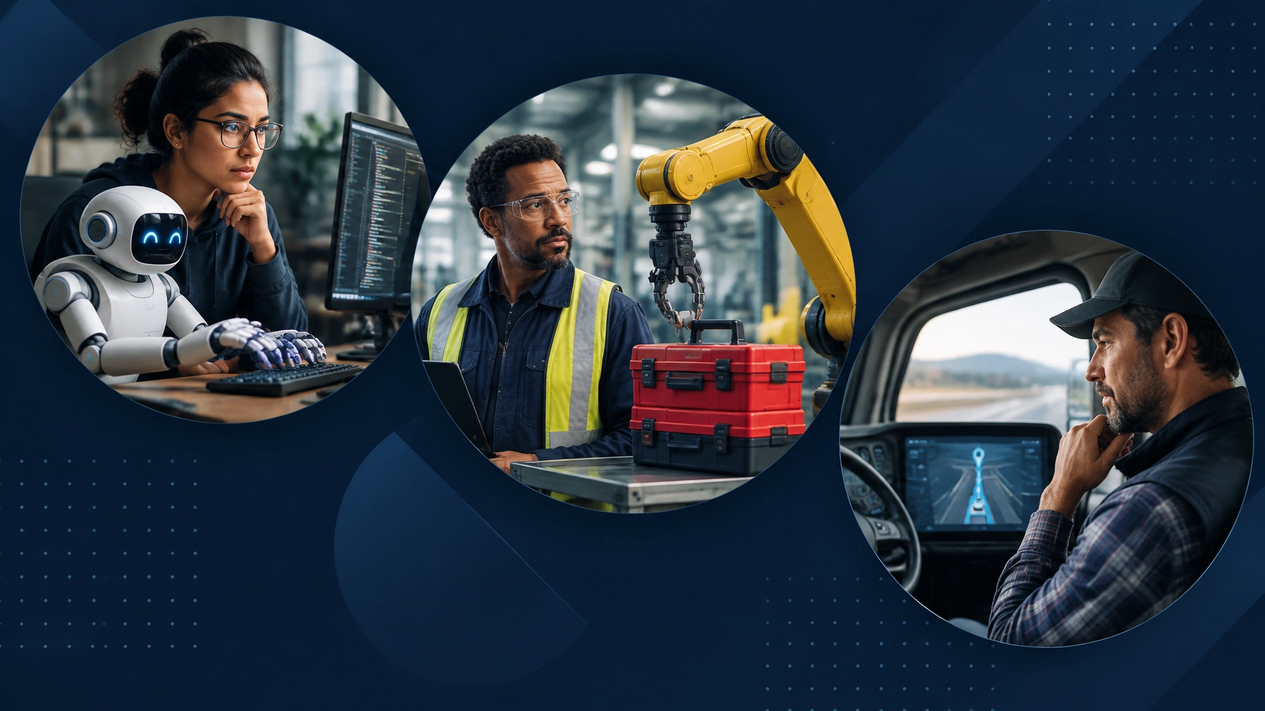 Circular portraits show a software engineer, manufacturing supervisor, and truck driver confronting different forms of workplace automation