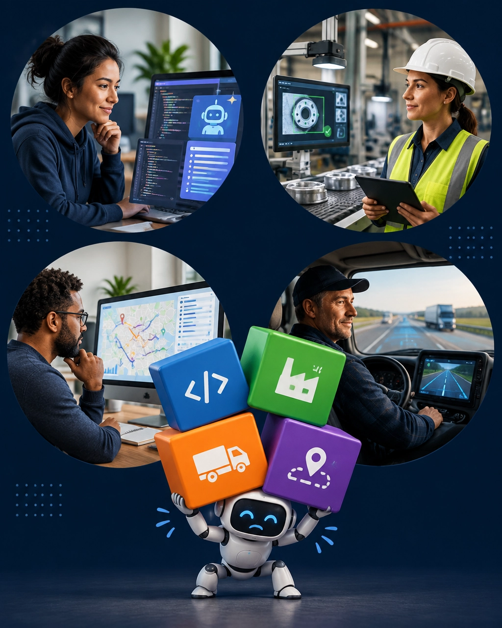 AI automation affecting coding, manufacturing inspection, route planning, and trucking operations