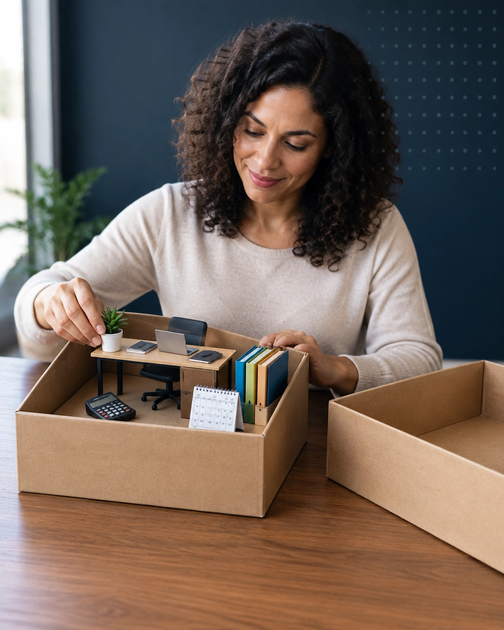Professional woman assembling a miniature business setup from organized cardboard boxes, representing a structured fresh start after a life transition