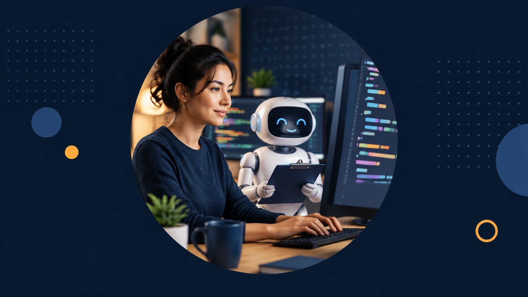 Software professional working beside a friendly AI robot holding a clipboard, symbolizing coding tasks being automated